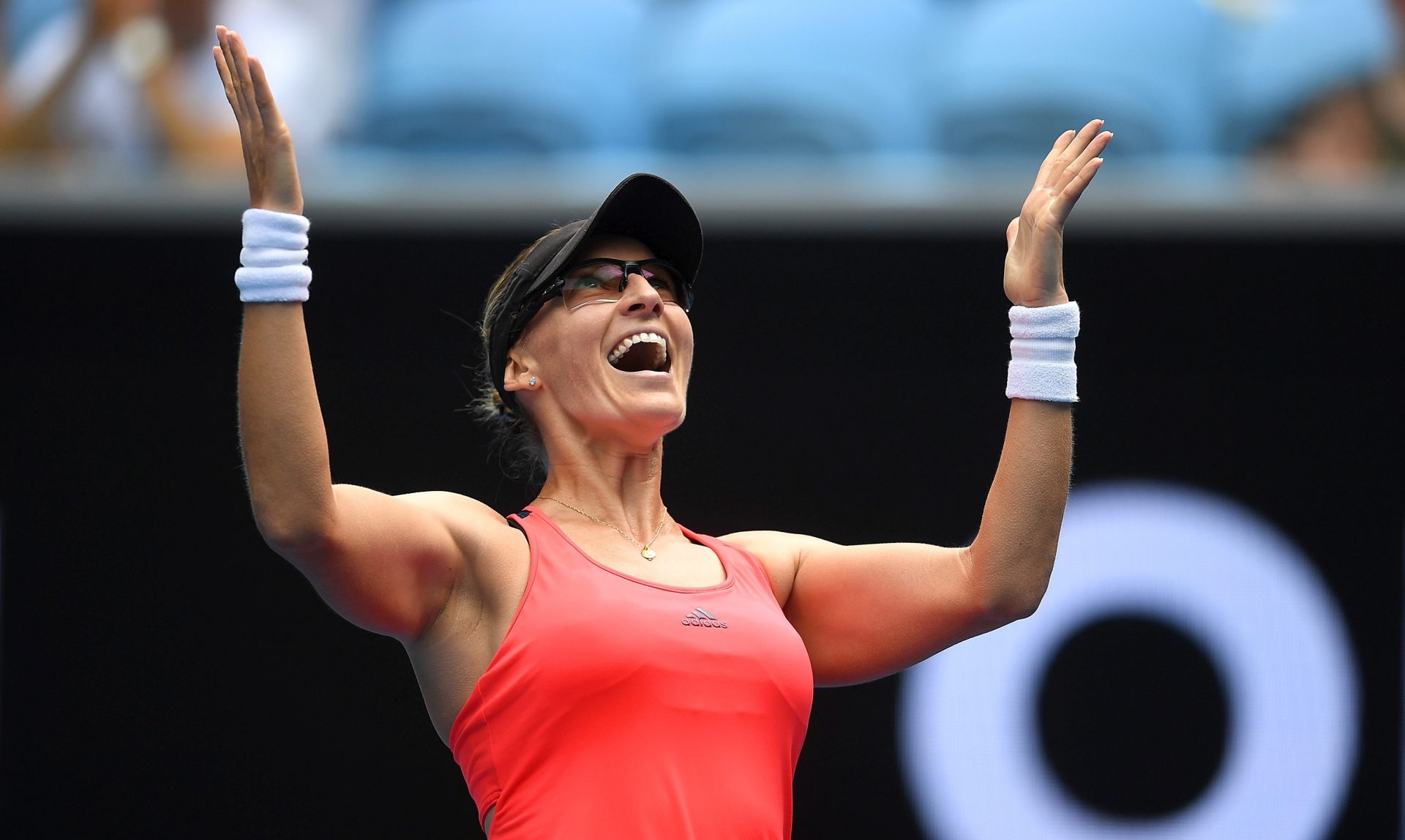 epa05743360 Mirjana Lucic-Baroni of Croatia celebrates her win over Jennifer Brady of the USA during round four of the Women's Singles at the Australian Open Grand Slam tennis tournament in Melbourne, Victoria, Australia, 23 January 2017. EPA/LUKAS COCH AUSTRALIA AND NEW ZEALAND OUT