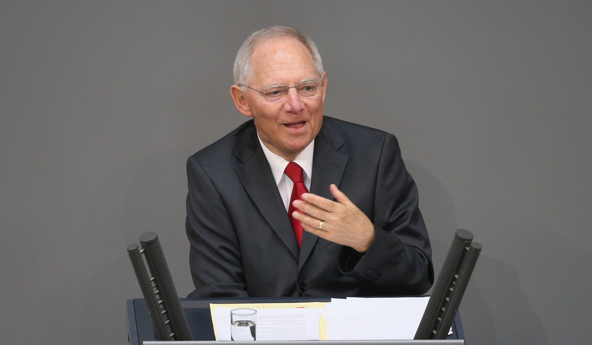BERLIN, GERMANY - APRIL 08:  German Finance Minister Wolfgang Schaeuble speaks prior to debates over the government state budget at the Bundestag on April 8, 2014 in Berlin, Germany. The Bundestag will debate the budget over coming days as the German economy remains strong.  (Photo by Sean Gallup/Getty Images)