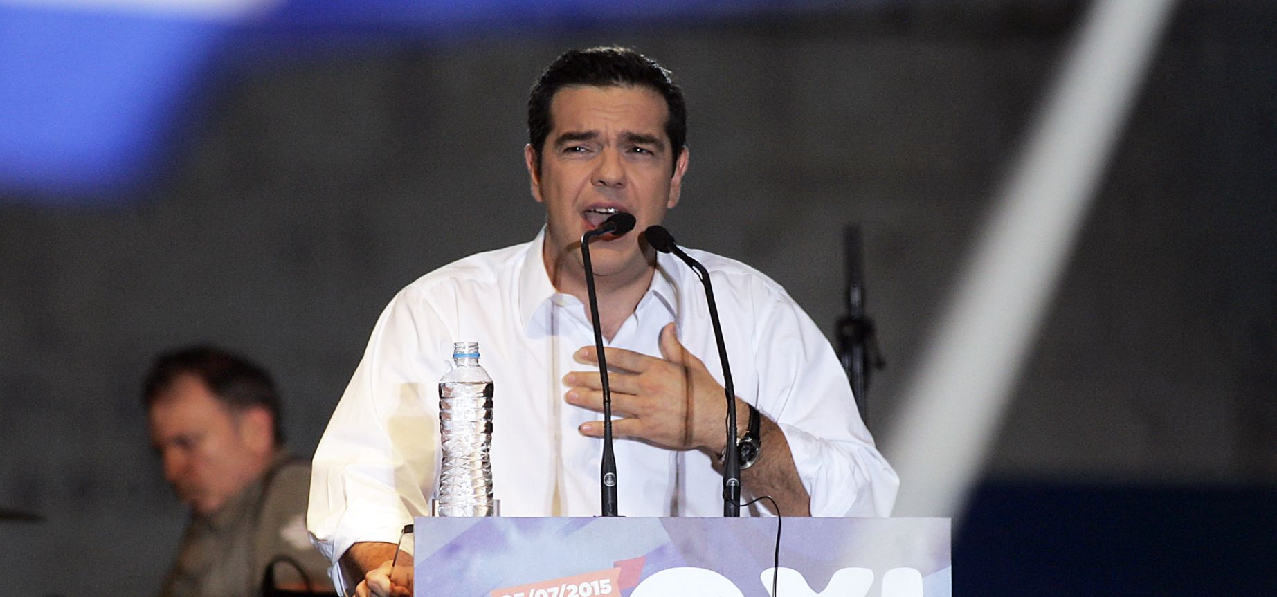 ATHENS, GREECE - JULY 3:  Greek Prime Minister Alexis Tsipras addresses his supporters during the 'No' campaign rally in Syntagma Square in preparation for Sunday's referendum on July 3, 2015 in Athens, Greece. The 'Yes' and 'No' supporters in Greece are holding major rallies in Athens today ahead of Sunday's referendum on an international bailout terms. (Photo by Milos Bicanski/Getty Images)