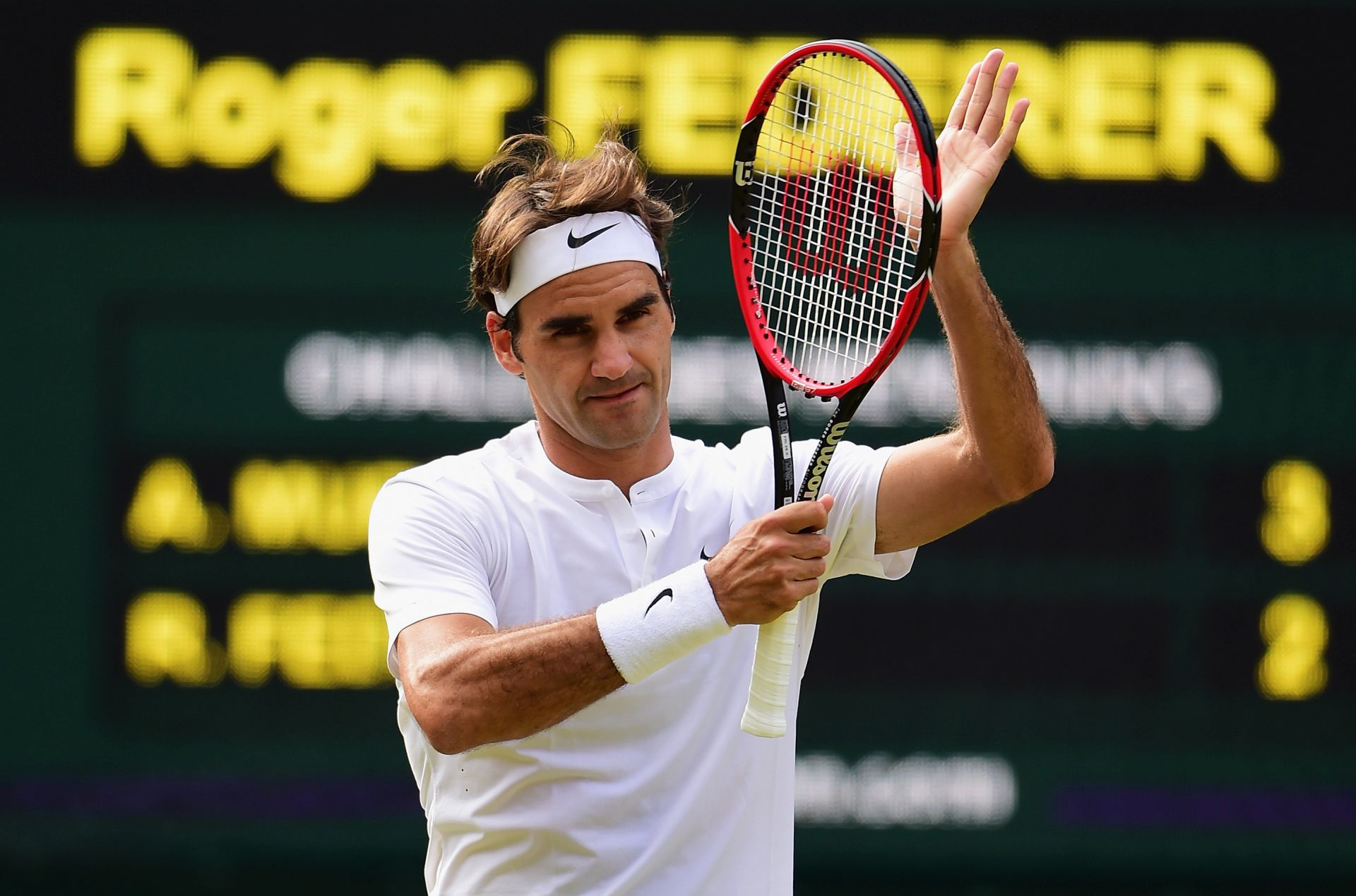 LONDON, ENGLAND - JULY 10:  Roger Federer of Switzerland celebrates after winning the Gentlemens Singles Semi Final match against Andy Murray of Great Britain during day eleven of the Wimbledon Lawn Tennis Championships at the All England Lawn Tennis and Croquet Club on July 10, 2015 in London, England.  (Photo by Shaun Botterill/Getty Images)