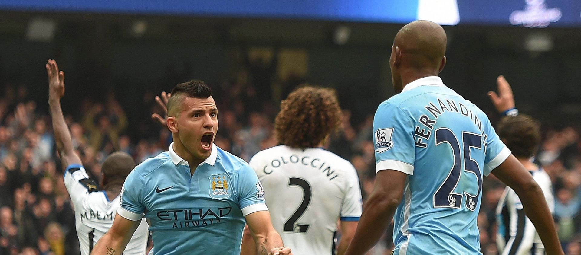 epa04961657 Manchester City's Sergio Aguero (L) celebrates scoring the second goal making the score 1-1 during the English Premier League soccer match between Manchester City and Newcastle United at Etihad Satdium, Manchester, Britain, 03 October 2015.  EPA/PETER POWELL EDITORIAL USE ONLY. No use with unauthorized audio, video, data, fixture lists, club/league logos or 'live' services. Online in-match use limited to 75 images, no video emulation. No use in betting, games or single club/league/player publications