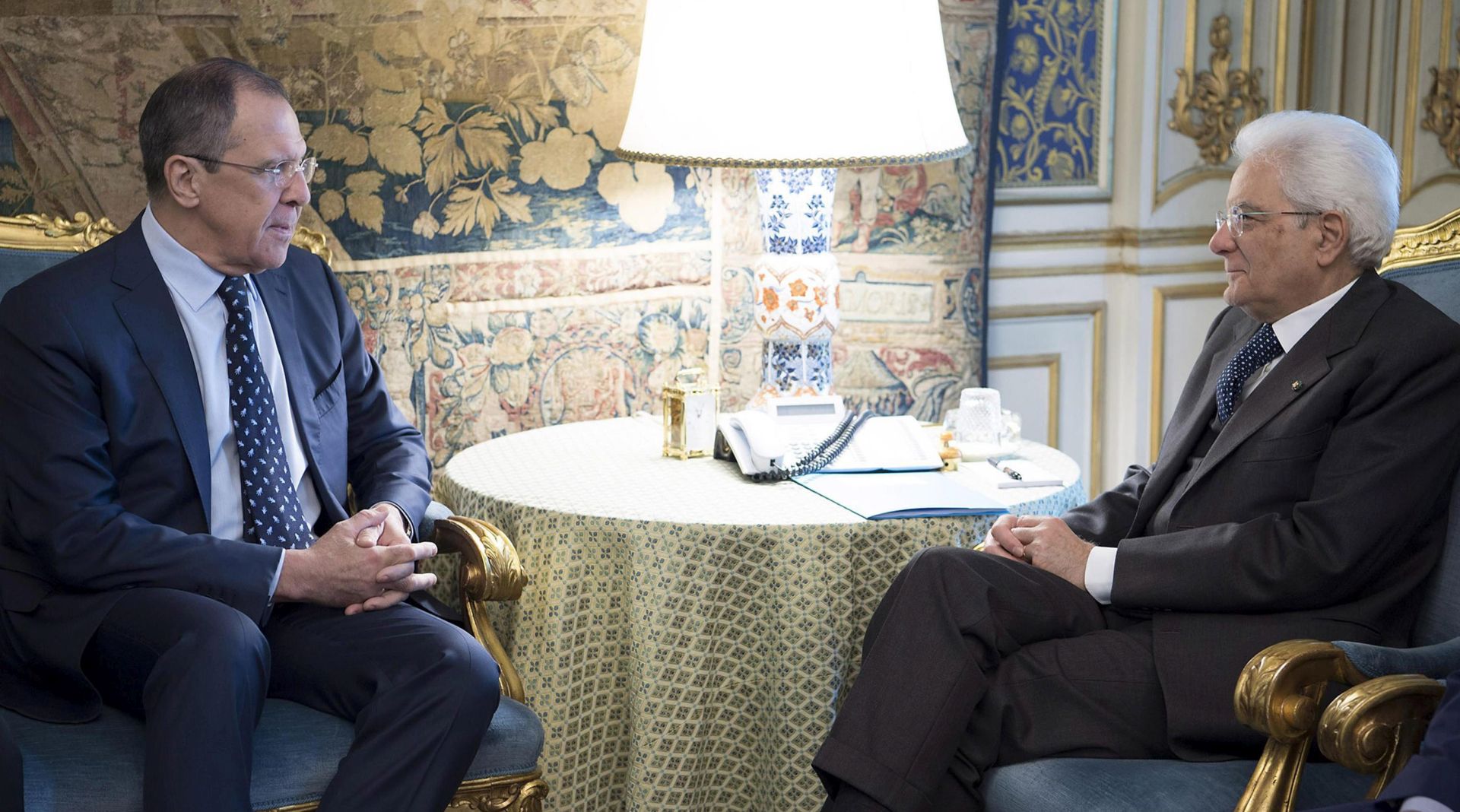 epa05064977 A handout photo provided by the Italian presidential Quirinal Press Office on 11 December 2015 of Italian President Sergio Mattarella (R) meeting with Russian Foreign Minister Sergei Lavrov (L) at the Quirinal Palace in Rome, Italy, 11 December 2015. Lavrov, along with his counterpart from the US, Secretary of State John Kerry, will attend an international meeting on the Libyan crisis due to be held in Rome on 13 December. (ATTENTION EDITORS: Editorial use only in connection with reporting on the events depicted in the image)  EPA/PAOLO GIANDOTTI/QUIRINAL PRESS OFFICE/HANDOUT  HANDOUT EDITORIAL USE ONLY/NO SALES
