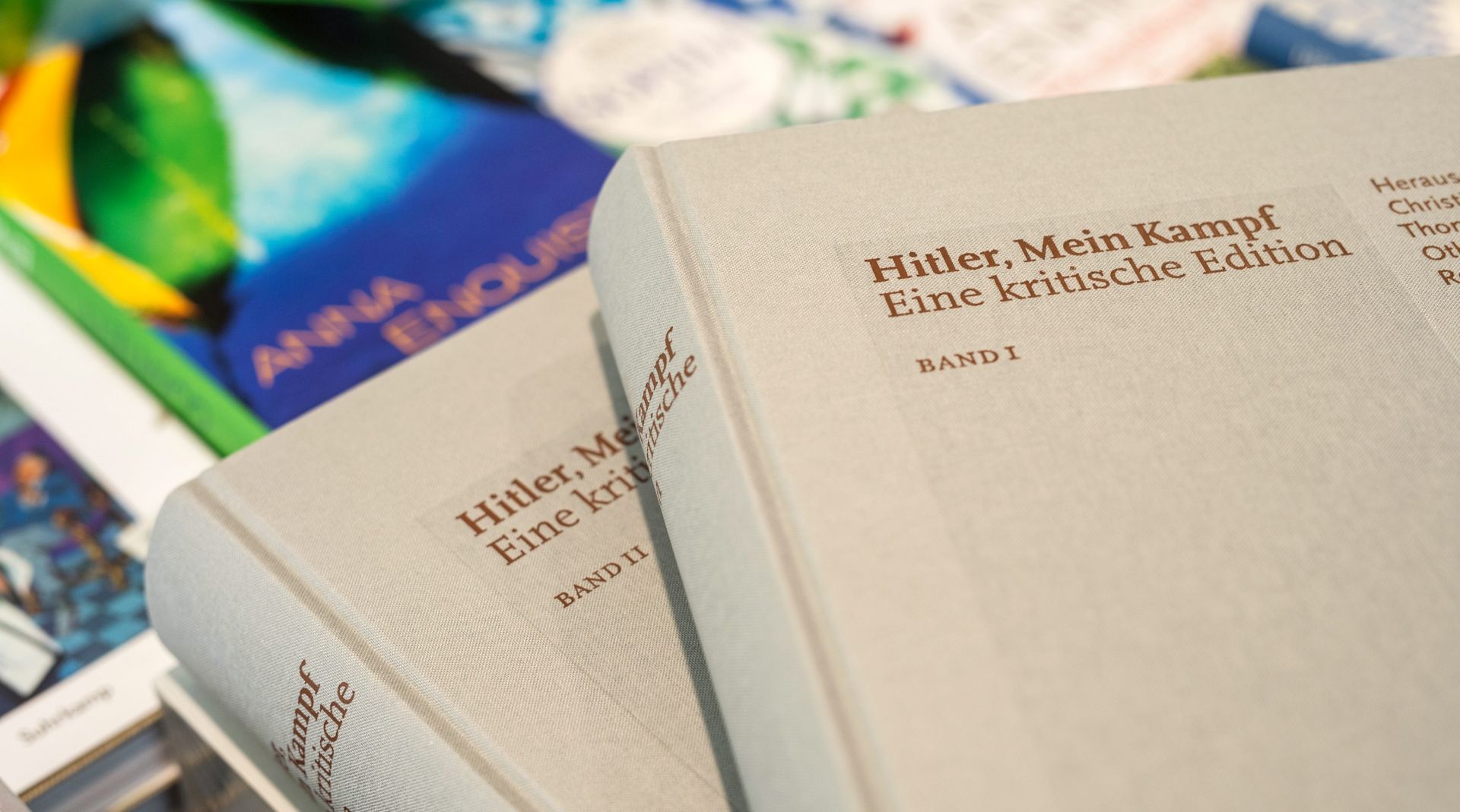 epa05092565 Copies of the two volumes of 'Hitler, Mein Kampf - eine kritische Edition' (lit. Hitler,  My Struggle - a critical edition) are on display at the bookstore 'Lehmkuhl' during a press conference in Munich, Germany, 08 January 2016, on the occasion of the publication of the first annotated edition of the book written in 1924 by Nazi leader Adolf Hitler. First published in 1925, Mein Kampf details Hitler's political views and plans for Germany's future. The new controversial edition printed by the Munich-based Institute for Contemporary History contains some 3,500 annotations and footnotes by historians to critique and refute the Nazi leader's ideology.  EPA/MATTHIAS BALK
