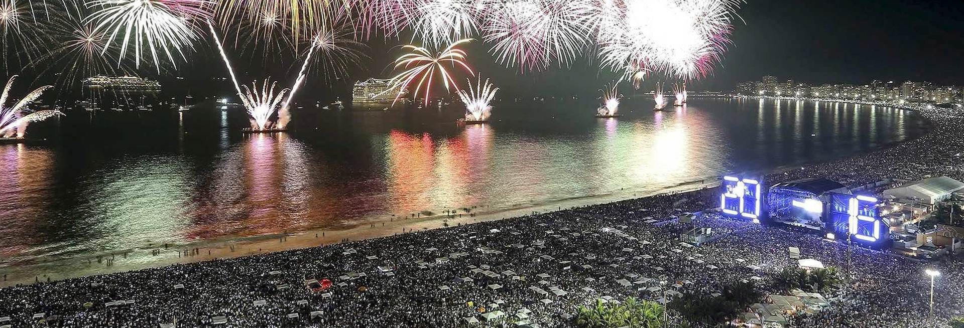 epa05085073 A handout picture made available by Riotur shows fireworks going off at Copacabana beach in Rio de Janeiro, Brazil, during New Year celebrations on 01 January 2016.  EPA/FERNANDO MAIA / RIOTUR / HANDOUT  HANDOUT EDITORIAL USE ONLY/NO SALES