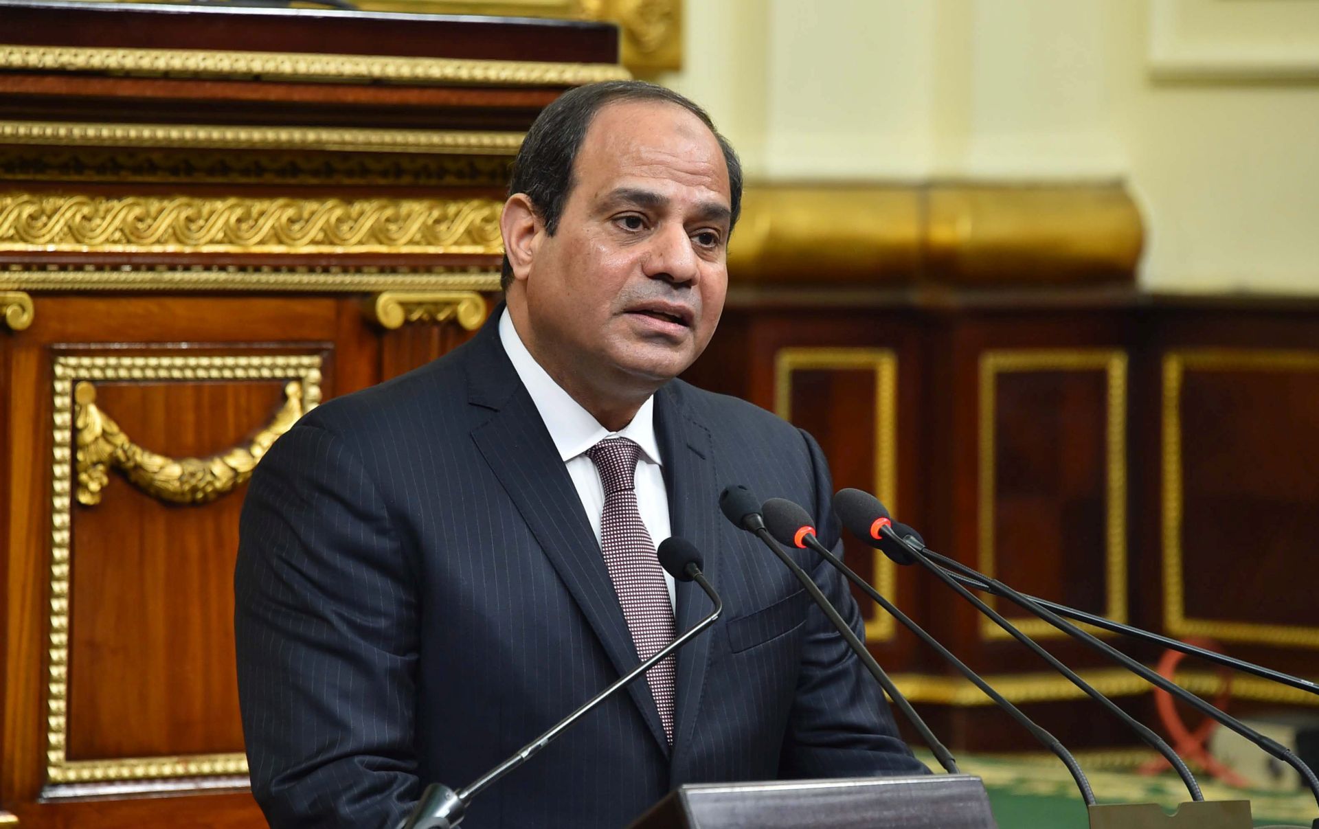 epa05157966 A handout photograph made available by the Egyptian Presidency shows Egyptian President Abdel Fattah al-Sisi speaking in front of lawmakers at the Parliament, in Cairo, Egypt, 13 February 2016. Al-Sisi on 13 February delivered his first speech in front of the newly convened parliament. The 569-member assembly met for its inaugural session on 10 January 2016.  EPA/EGYPTIAN PRESIDENCY/HANDOUT  HANDOUT EDITORIAL USE ONLY/NO SALES