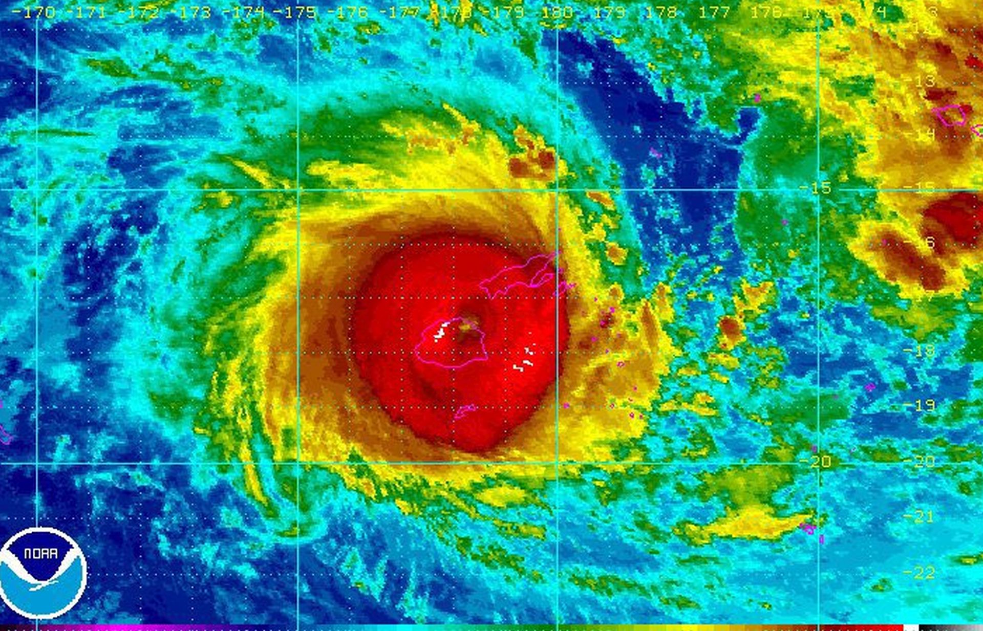epa05171509 A handout picture provided by the National Oceanic and Atmospheric Administration (NOAA) shows Cyclone Winston over Fiji, 20 February 2016. Airline flights in and out of Fiji were cancelled as a category-5 cyclone bore down on the South Pacific island nation. Cyclone Winston was packing average wind speeds of about 220 kilometres per hour with gusts of up to 315 kmh, the Fiji meteorological service said. Tourist videos showed downed power lines and strong sea swells in low-lying coastal areas as the leading edge of the storm began hitting the islands.  EPA/NOAA/HANDOUT  HANDOUT EDITORIAL USE ONLY