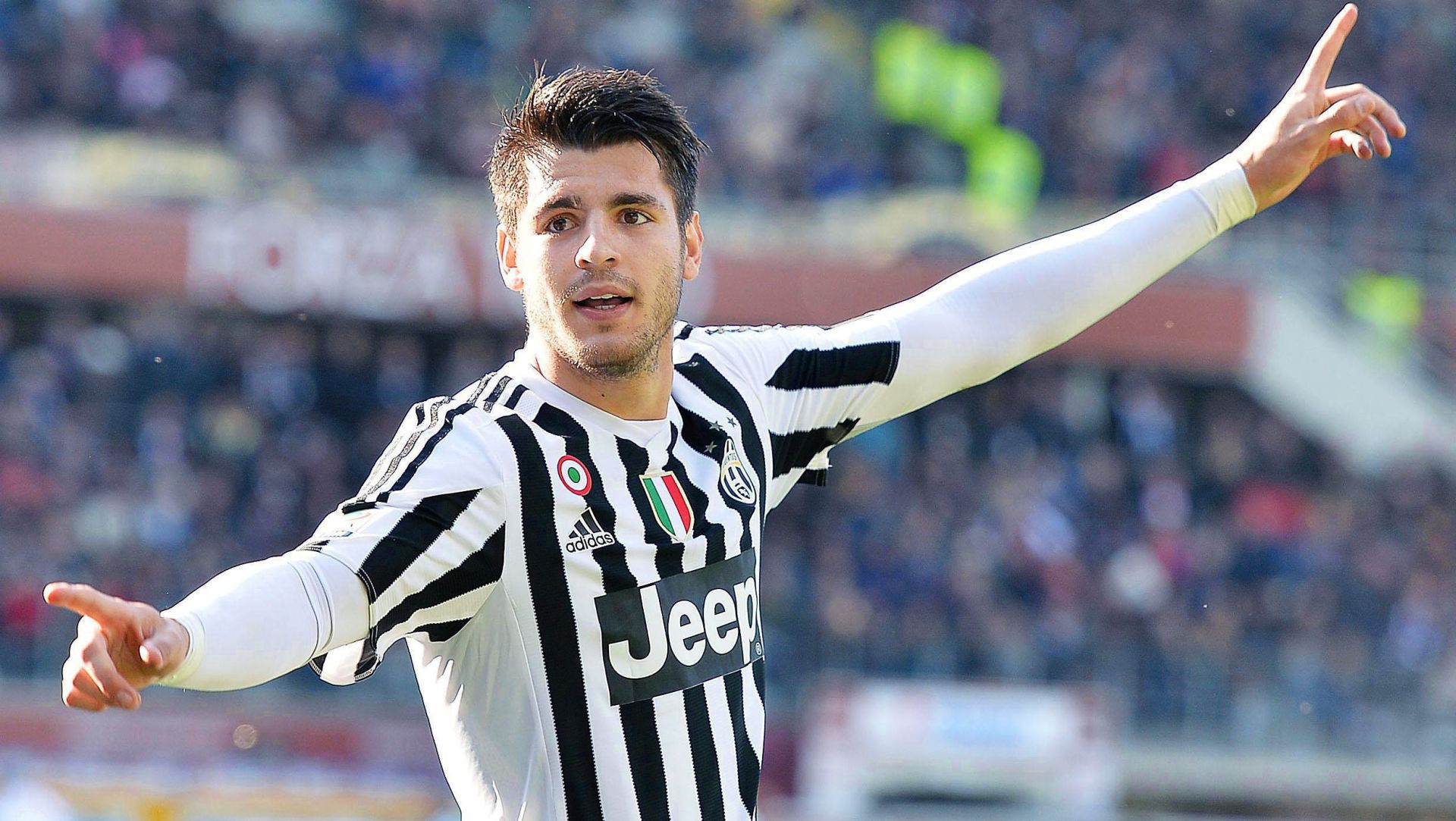 epa05222728 Alvaro Morata of Juventus celebrates after scoring a goal during the Italian Serie A soccer match between Torino FC and Juventus FC at Olimpico stadium in Turin, Italy, 20 March 2016.  EPA/DI MARCO