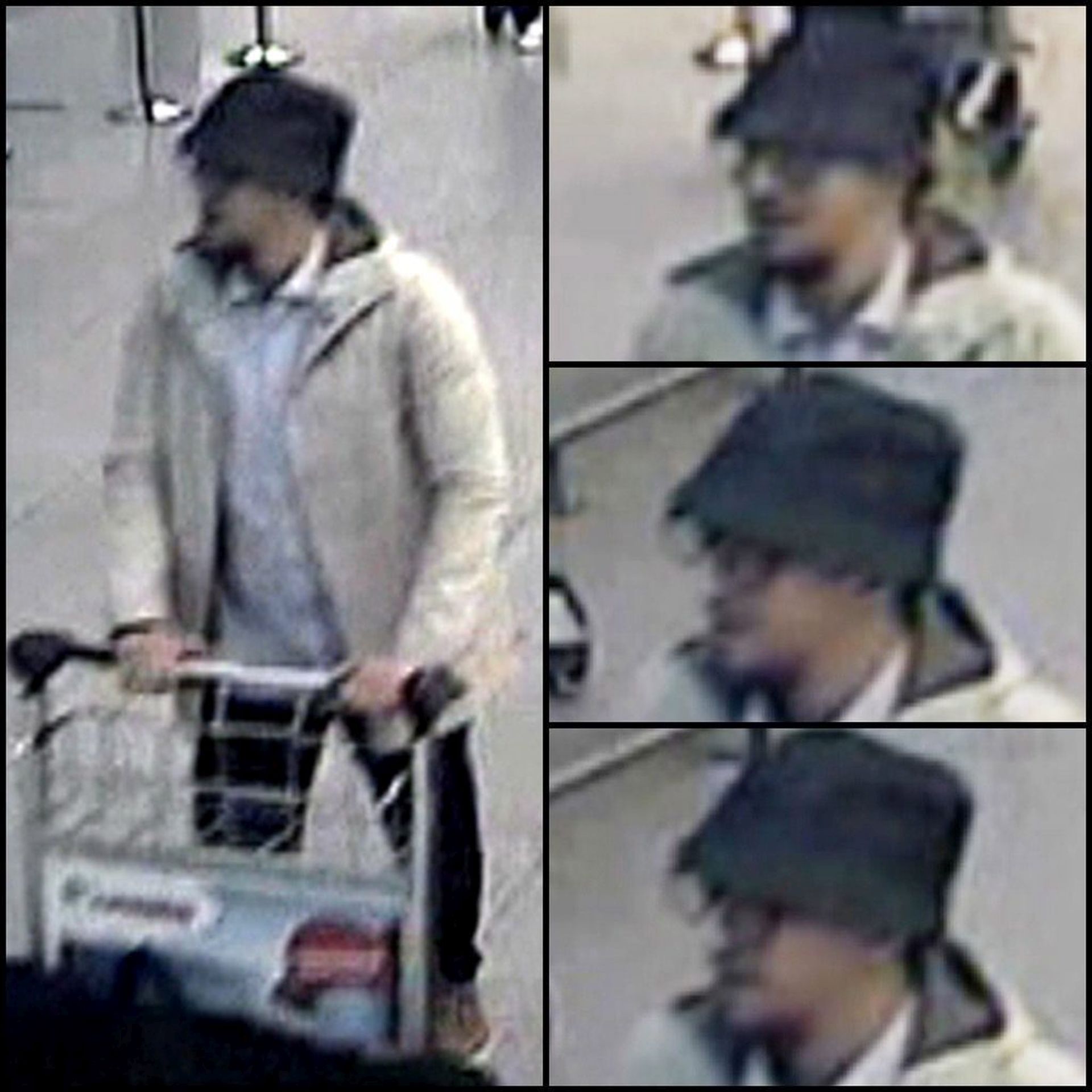 epa05233579 A composite handout photograph provided by Belgian Federal Police on 28 March 2016 shows CCTV grabs of a suspect in the Zaventem airport attack in Brussels, Belgium 22 March 2016. A surveillance camera at Zaventem airport in Brussels captured footage of the alleged perpetrators of the explosions that took place 22 March. Belgian police issued CCTV footage on 28 March 2016 in an attempt to identify the third suspect, dressed in a white jacket and wearing a black hat.  EPA/BELGIAN FEDERAL POLICE / HANDOUT BEST QUALITY AVAILABLE HANDOUT EDITORIAL USE ONLY/NO SALES HANDOUT EDITORIAL USE ONLY/NO SALES