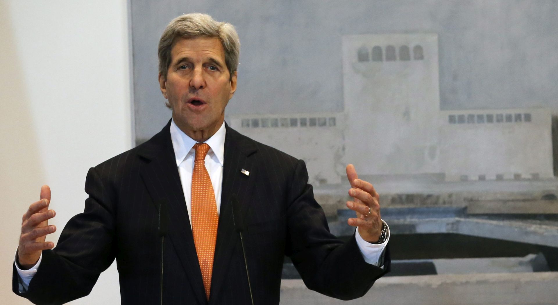 epa05159995 US Secretary of State John Kerry speaks during a joint press conference with Albanian Prime Minister Edi Rama (not pictured) after their meeting in Tirana, Albania, 14 February 2016. US Secretary of State John Kerry arrived in Tirana for a one day official visit.  EPA/ARMANDO BABANI