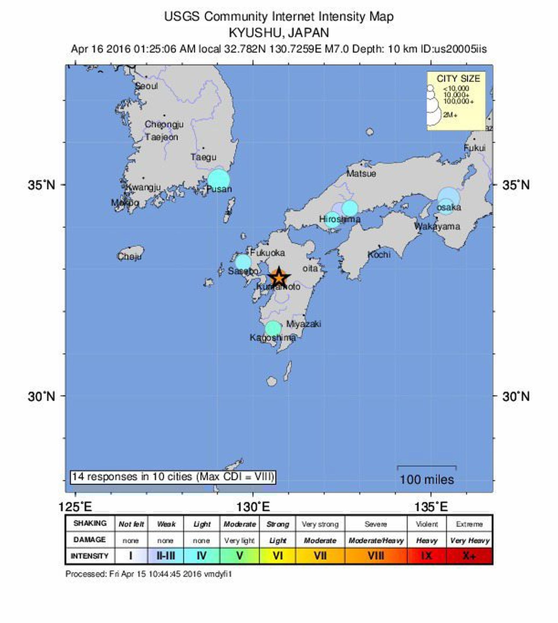 epa05260544  A handout shakemap provided by the US Geological Survey (USGS) on 15 April 2016 of a 7.1 magnitude earthquake (indicated by a star, C) detected in Kumamoto prefecture, southern Japan, 15 April 2016. According to initial reports by USGS, southern Japan was hit by a 7.1 magnitude earthquake following the two earthquakes registered the previous day. A tsunami warning was issued by the Japanese government.  EPA/USGS / HANDOUT  HANDOUT EDITORIAL USE ONLY