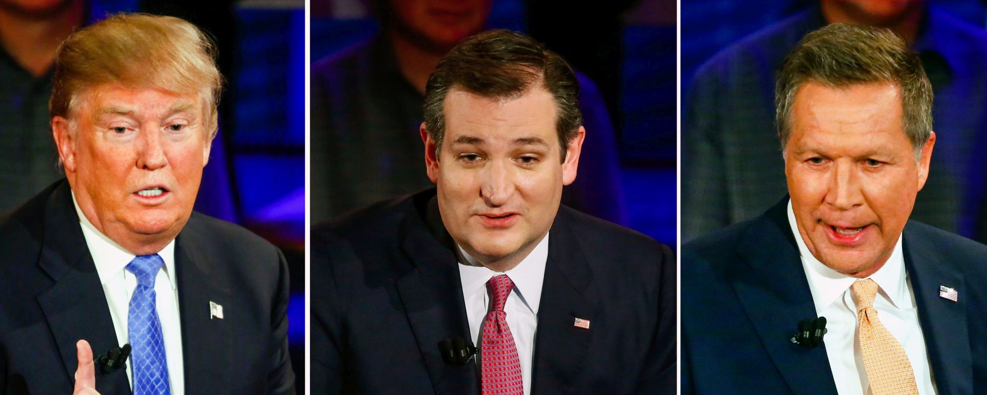 epa05235641 A combo picture shows US Republican presidential candidates (L-R) Businessman Donald Trump, Texas Senator Ted Cruz, and Ohio Governor John Kasich, as they attend a Republican presidential candidates Town Hall event at the Riverside Theater in Milwaukee, Wisconsin, USA, 29 March 2016. Voters in Wisconsin go the polls in the winner take all Wisconsin primary on 05 April.  EPA/TANNEN MAURY