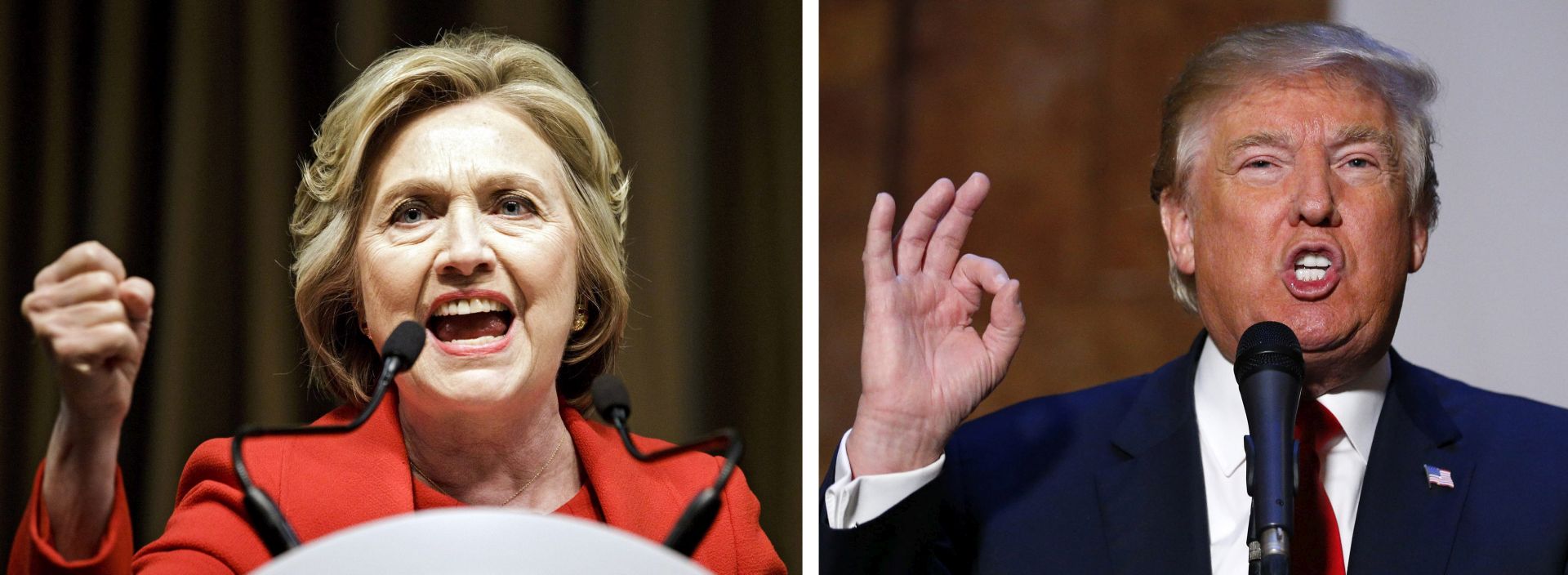 epa05267921 (FILE) A file combo picture made available on 20 April 2016 shows US Democratic presidential candidate Hillary Clinton (L) addressing the National Action Network's national convention in New York, New York, USA, on 13 April 2016; and US Republican presidential candidate Donald Trump (R) speaking at Trump Building in New York, New York, USA, on 03 November 2015. US presidential candidate Hillary Clinton has won the New York Democratic primaries according to projections, media reported. The data comes from partial counting data of the primaries held on 19 April 2016, in New York State. With 42 percent of votes counted, Clinton has received 60.2 percent and Vermont Senator and presidential candidate Bernie Sanders 39.8 percent. US presidential hopeful and real estate tycoon Donald Trump has won the Republican primaries in New York, according to projections by US media on 19 April 2016. In the New York primaries, 95 Republican and 247 Democratic delegates were elected on 19 April, who will vote in the respective conventions to elect the presidential candidates to compete in the USA November elections.  EPA/JUSTIN LANE / ANDREW GOMBERT