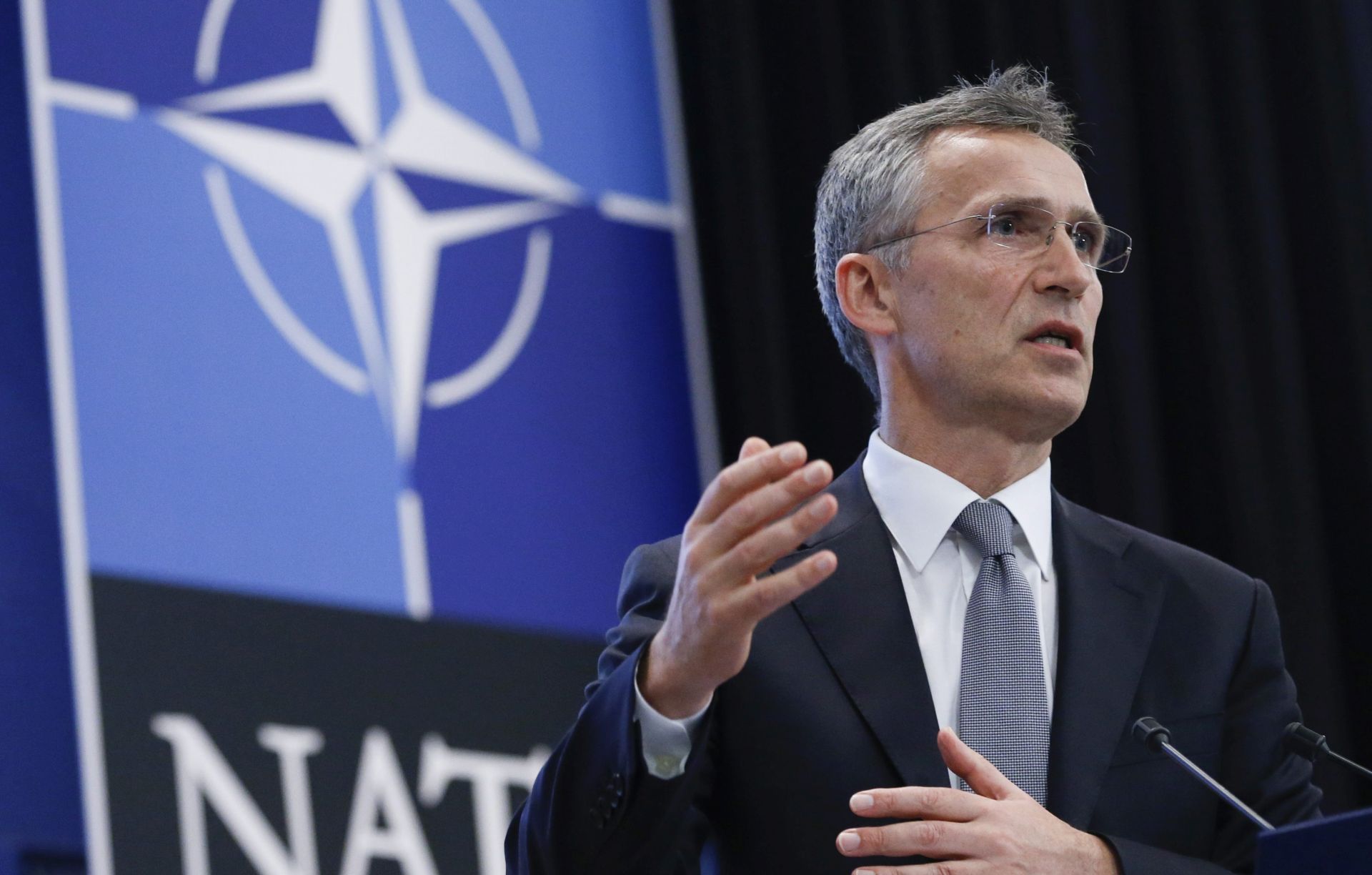 epa05361459 NATO Secretary General Jens Stoltenberg speaks during a press conference, a day ahead of the Meetings of NATO Ministers of Defence in Brussels, Belgium, 13 June 2016.  EPA/OLIVIER HOSLET