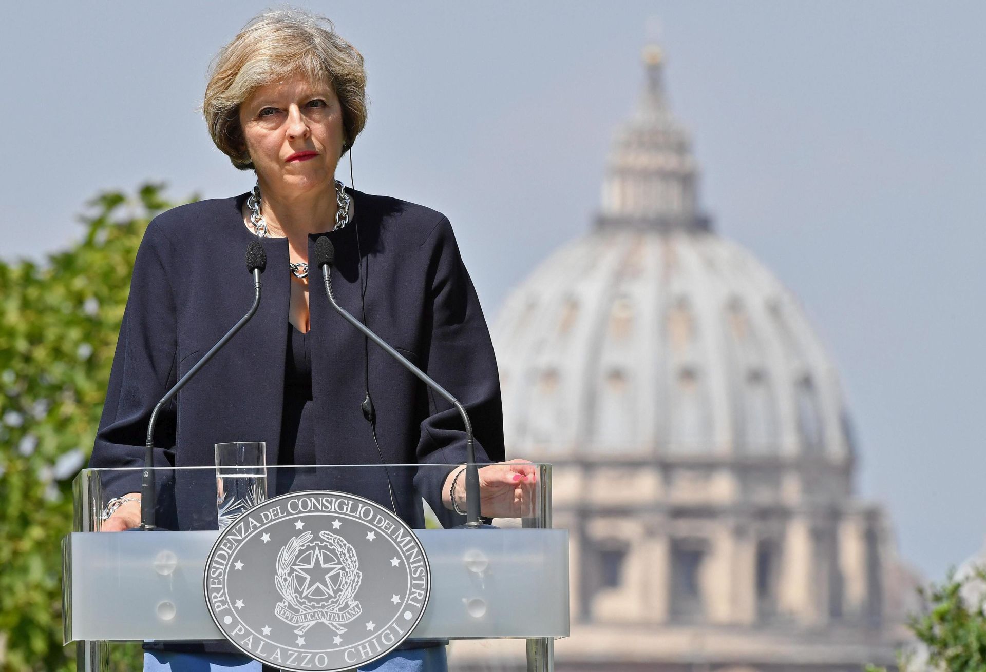 epa05443539 British Prime Minister Theresa May during a joint press conference with Italian Prime Minister Matteo Renzi (not pictured) at Villa Doria Pamphilj in Rome, Italy, 27 July 2016. Her visit is part of a whirlwind diplomacy tour of EU states following the UK's Brexit vote.  EPA/ETTORE FERRARI