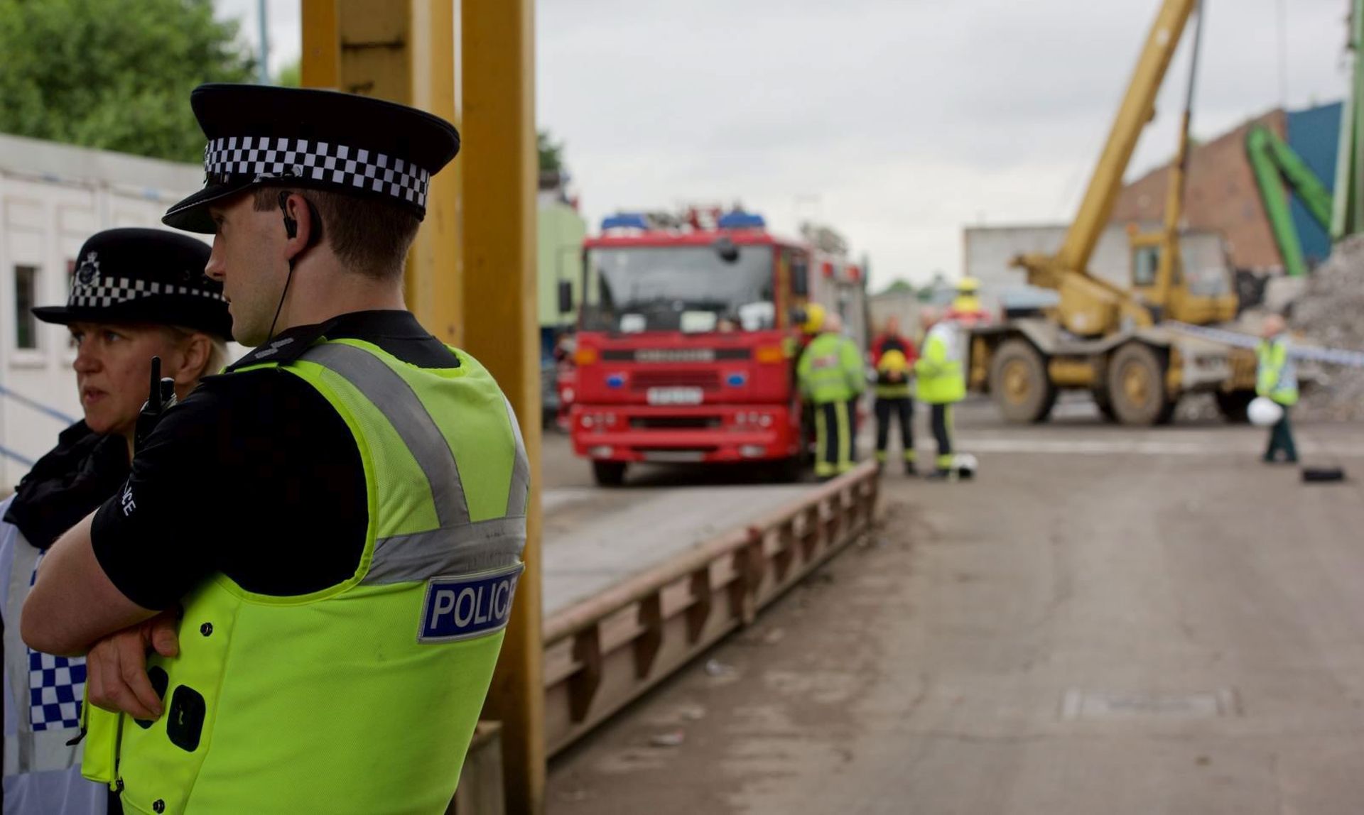 epa05413022 A handout picture provided by the West Midlands Police shows emergency personnel at the scene of an accident at a recycling factory in Nechells, Birmingham, Britain, 07 July 2016. According to emergency services, five persons were killed and one seriously injured when a large concrete structure at the Hawkeswood Recycling factory collapsed.  EPA/WEST MIDLANDS POLICE/HANDOUT MANDATORY CREDIT: WEST MIDLANDS POLICE. HANDOUT EDITORIAL USE ONLY/NO SALES