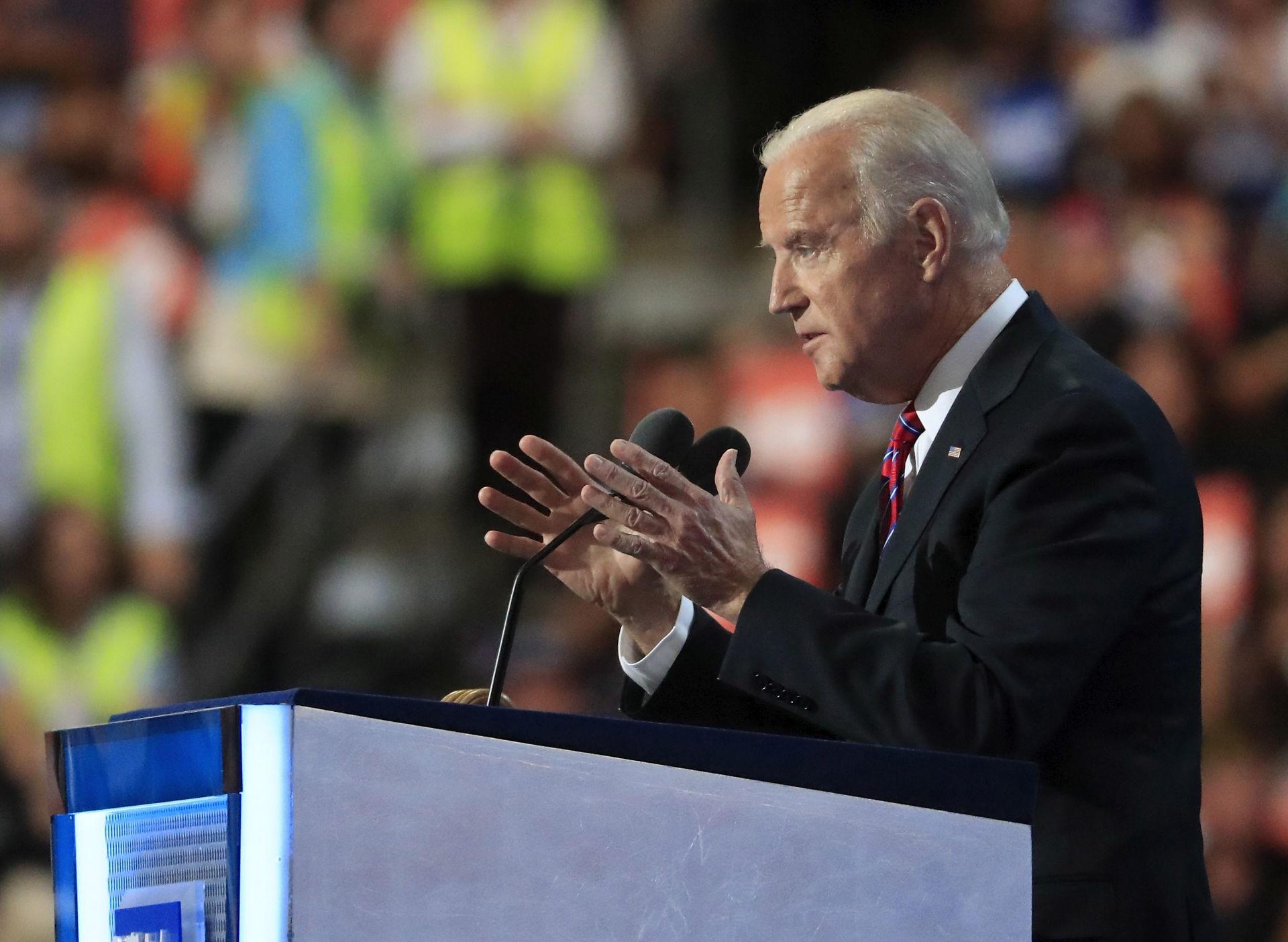 epa05444471 United States Vice President Joe Biden addresses the delegates during the third day of the Democratic National Convention at the Wells Fargo Center in Philadelphia, Pennsylvania, USA, 26 July 2016. The four-day convention is expected to end with Hillary Clinton formally accepting the nomination of the Democratic Party as their presidential candidate in the 2016 election.  EPA/TANNEN MAURY  EPA/TANNEN MAURY