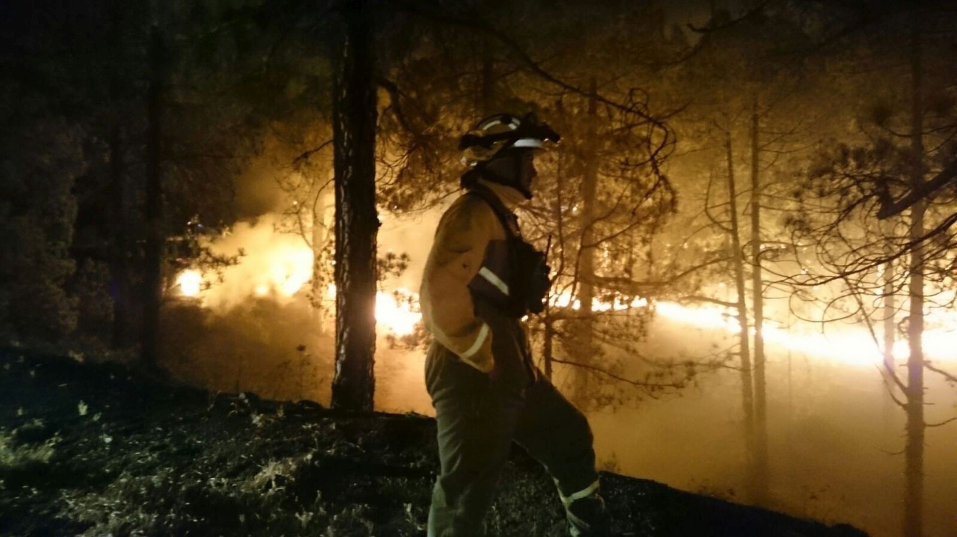 epa05456276 A handout picture made available by the Forest Fire Brigade Association (BRIF) shows a firefighter working to extinguish a forest fire at La Palma island in the Canary Islands, Spain, 05 August 2016. The Spanish Civil Guard detained a 27-year-old German national last 03 August 2016 accused of causing the fire.  EPA/BRIF / HANDOUT EDITORIAL USE ONLY/NO SALES HANDOUT EDITORIAL USE ONLY/NO SALES