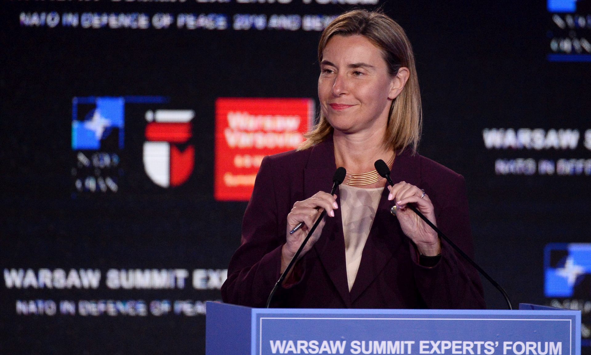 epa05415662 EU High Representative for Foreign Affairs and Security Policy Federica Mogherini speaks during the panel 'Preserving peace: NATO's role' as part of the Warsaw Summit Experts' Forum-NATO in Defence of Peace: 2016 and Beyond Forum on the margins of the NATO Summit in Warsaw, Poland, 08 July 2016. The NATO Warsaw Summit which is expected to decide about military reinforcements on NATO territory in Central-East Europe takes place on 08 and 09 July. About 2,000 delegates, including 18 state heads, 21 prime ministers, 41 foreign ministers and 39 defence ministers will take part in the Summit.  EPA/BARTLOMIEJ ZBOROWSKI POLAND OUT