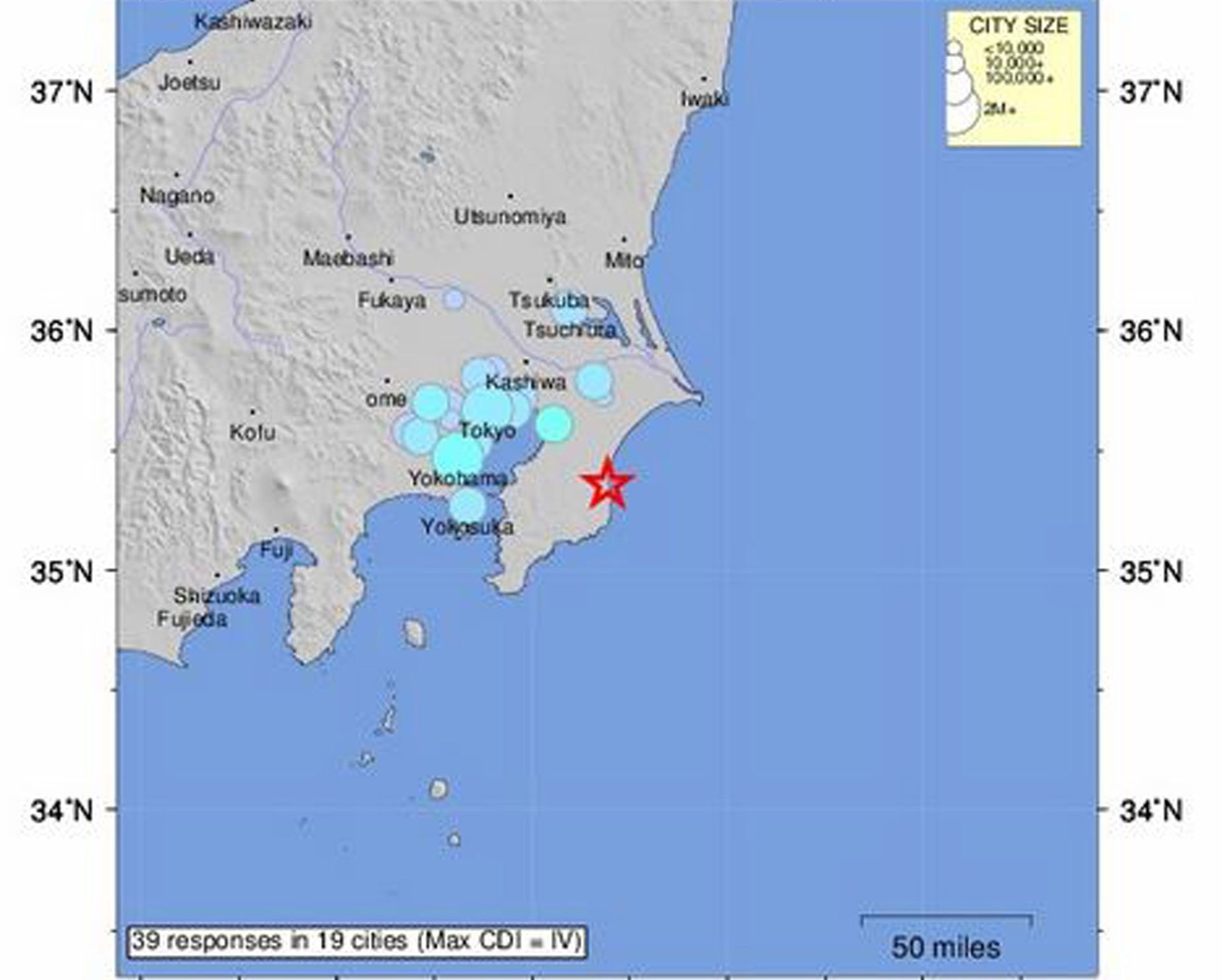 epa05431440 An intensity map made available by the US Geological Survey shows the location where a preliminary 4.8 magnitude earthquake occured near Mobara, Japan, 19 July 2016.  EPA/USGS / HANDOUT  HANDOUT EDITORIAL USE ONLY