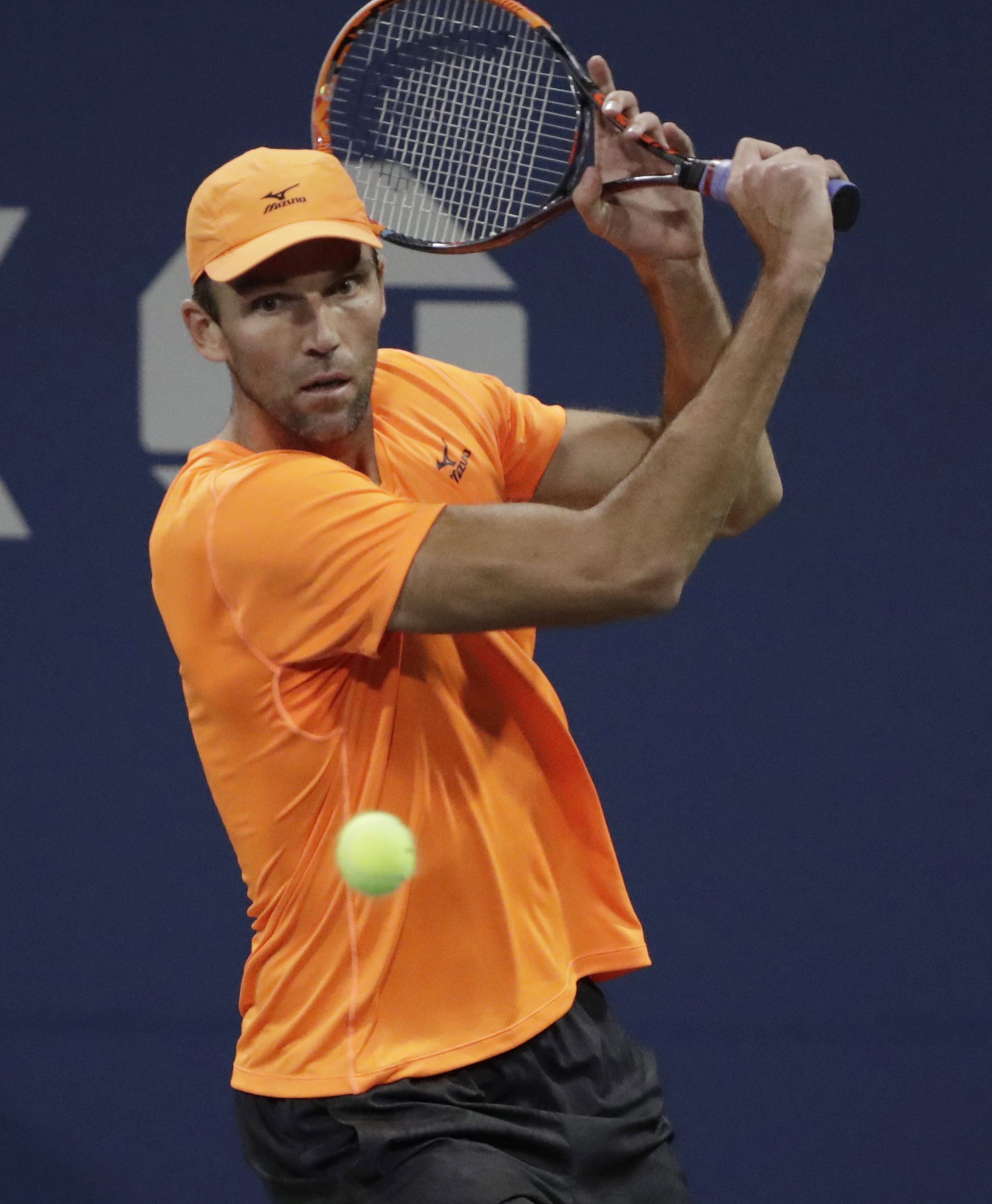 epa05523078 Ivo Karlovic of Croatia hits a return to Jared Donaldson of the US on the sixth day of the US Open Tennis Championships at the USTA National Tennis Center in Flushing Meadows, New York, USA, 03 September 2016.  The US Open runs through September 11.  EPA/JASON SZENES