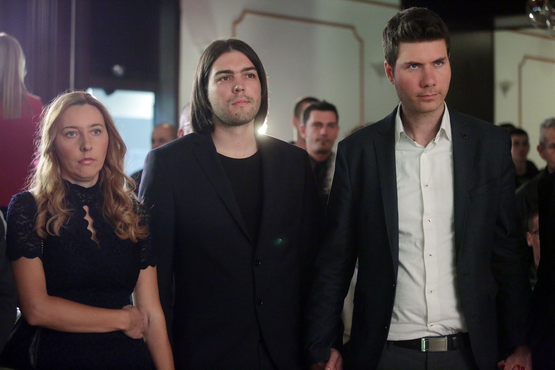08.11.2015., Zagreb - Docek rezultata parlamentarnih izbora u stozeru Zivog zida u hotelu Laguna.  Vladimira Palfi, Ivan Vilibor Sincic, Ivan Pernar.
Photo: Borna Filic/PIXSELL