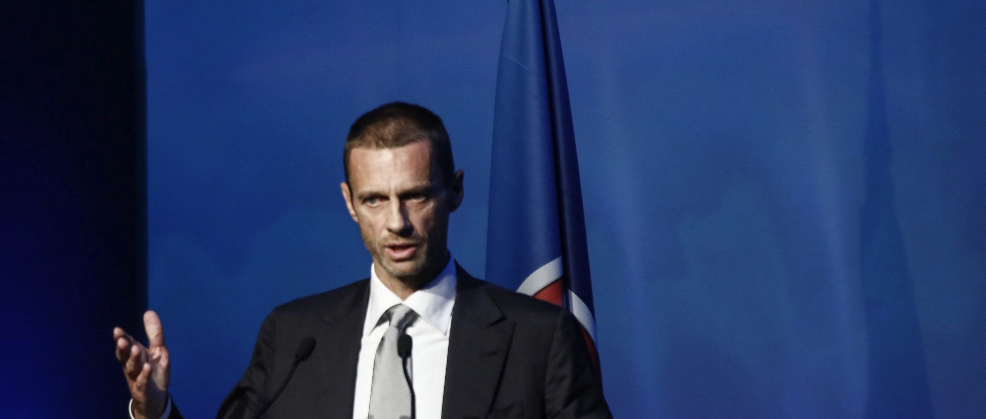 epa05538880 President of the Football Association of Slovenia and candidate for the UEFA presidency Aleksander Ceferin speaks before the elections of the new UEFA President, at 12th Extraordinary UEFA Congress in Athens, Greece, 14 September 2016. Michel Platini has been given permission by Fifa's ethics committee to address the Uefa congress in Athens despite his four-year ban from all football-related activity.  EPA/YANNIS KOLESIDIS