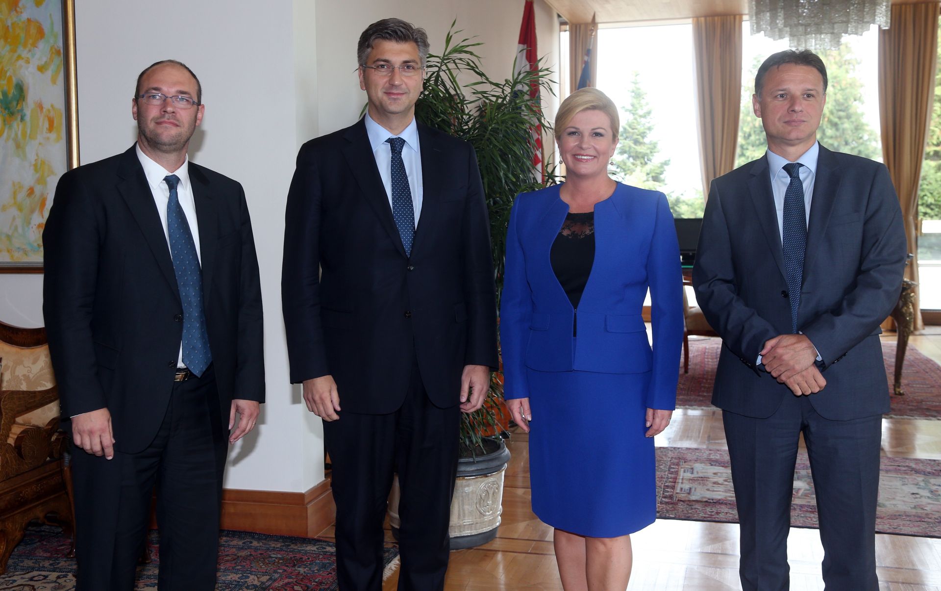 28.09.2016., Ured predsjednice, Pantovcak 241, Zagreb - Predsjednica Republike Hrvatske Kolinda Grabar-Kitarovic zapocela je konzultacije s celnicima parlamentarnih stranaka izabranih u Hrvatski sabor. Andrej Plenkovic, Gordan Jandrokovic, Davor Ivo Stier, Hrvatska demokratska zajednica, HDZ. 
Photo: Davor Puklavec/PIXSELL