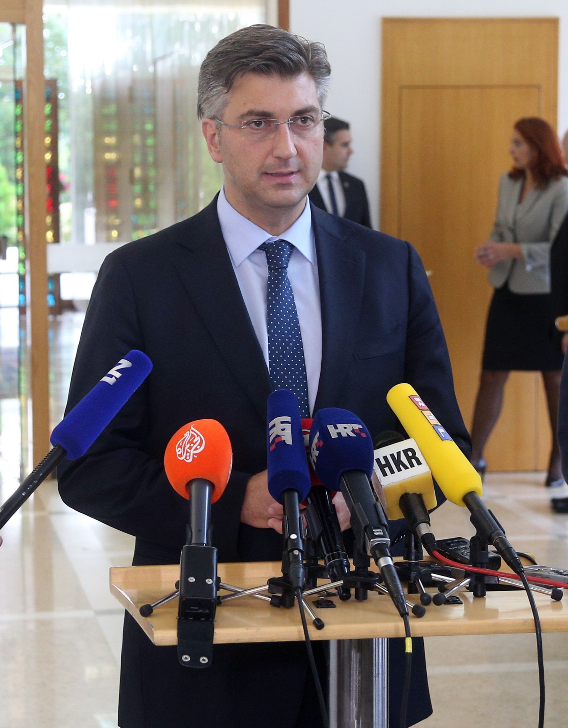 28.09.2016., Ured predsjednice, Pantovcak 241, Zagreb - Predsjednica Republike Hrvatske Kolinda Grabar-Kitarovic zapocela je konzultacije s celnicima parlamentarnih stranaka izabranih u Hrvatski sabor. Andrej Plenkovic, Gordan Jandrokovic, Davor Ivo Stier, Hrvatska demokratska zajednica, HDZ. 
Photo: Davor Puklavec/PIXSELL