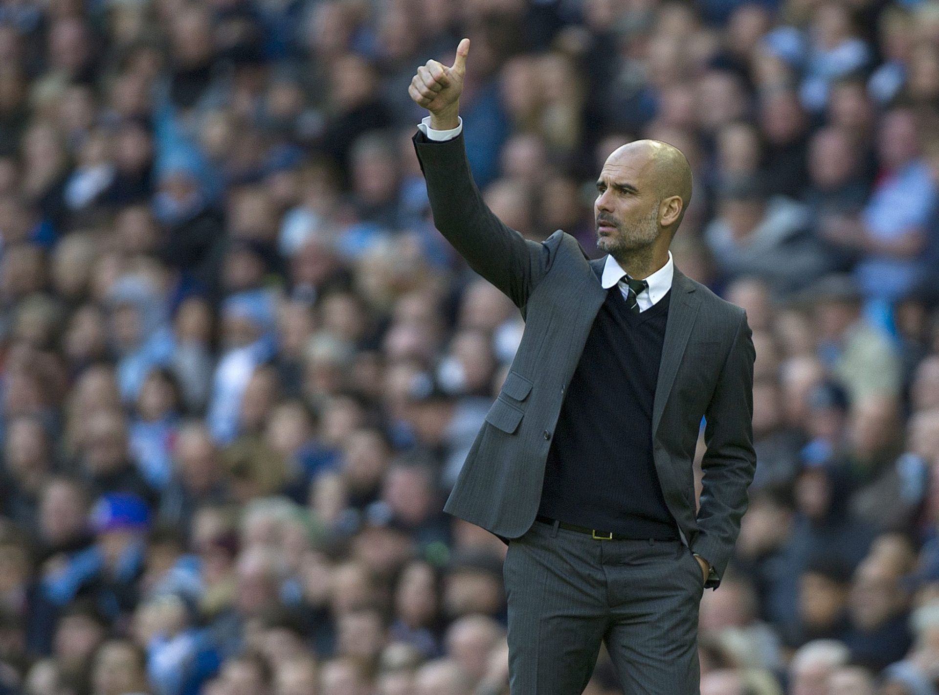 epa05599200 Manchester City manager Pep Guardiola reacts during the English Premier League soccer match between Manchester United and Southampton at the Etihad Stadium in Manchester, Britain, 23 October 2016.  EPA/PETER POWELL EDITORIAL USE ONLY. No use with unauthorized audio, video, data, fixture lists, club/league logos or 'live' services. Online in-match use limited to 75 images, no video emulation. No use in betting, games or single club/league/player publications.