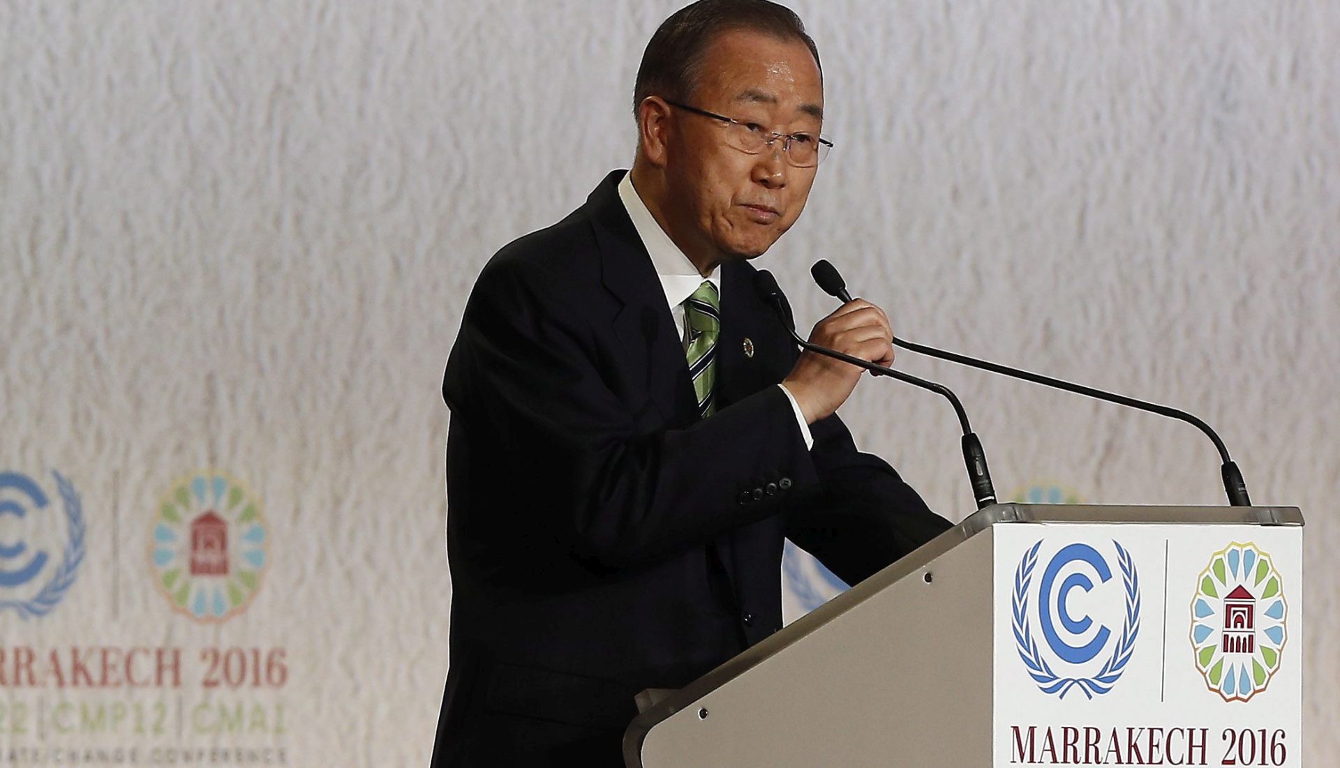 epa05632415 United Nations Secretary-General Ban Ki-moon speaks speaks at the World Climate Change Conference 2016 (COP22) in Marrakech, Morocco, 15 November 2016. The UN Climate Change Conference COP22 is held between 07 and 18 November in Marrakech.  EPA/MOHAMED MESSARA