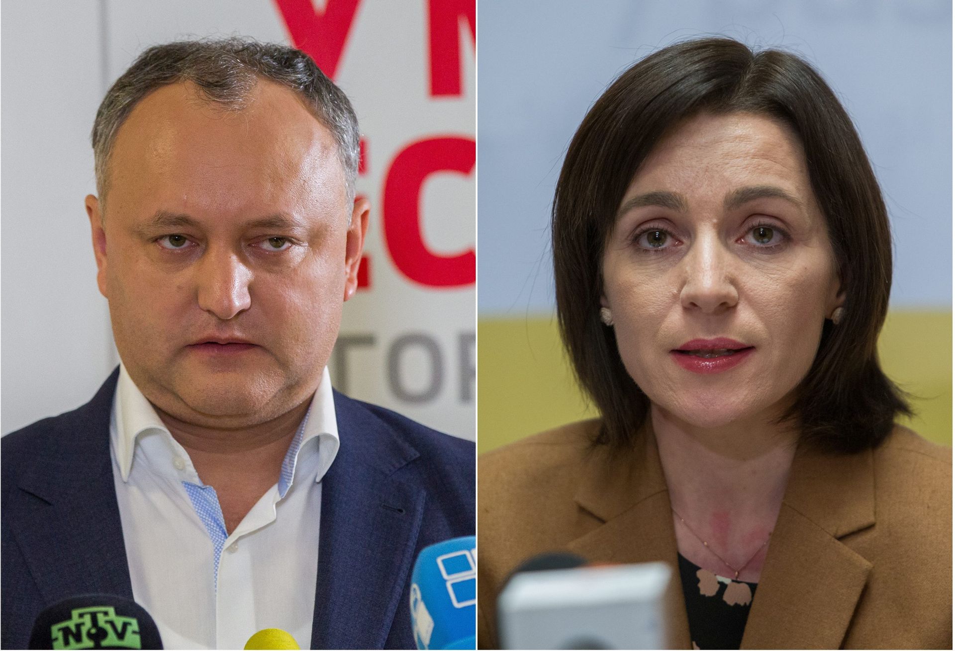 epa05627980 (FILE) A combo photograph made available on 12 November 2016 shows presidential candidates of Moldova Igor Dodon, Socialists Party (SPM) former Minister of Economy (L) and Maia Sandu, Action and Solidarity Party (ASP) former Minister of Education (R) in Moldova, 12 November 2016. Moldova prepares to hold the second tour of presidential elections on 13 November 2016.  EPA/DUMITRU DORU