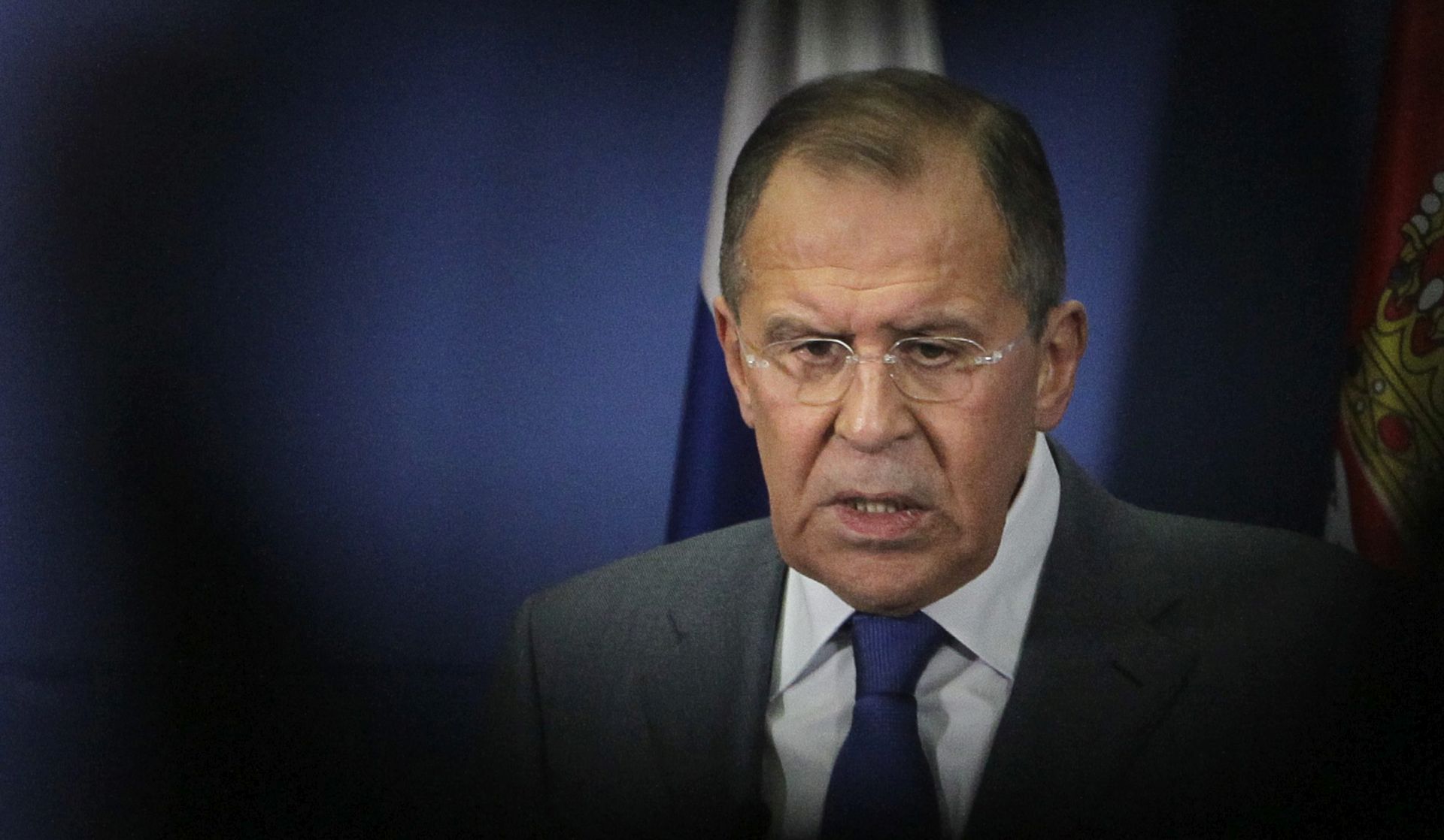 epa05672957 Russian Foreign Minister Sergey Lavrov speaks during the press conference with Serbian Foreign Minister Ivica Dacic (not seen) in Belgrade, Serbia, 12 December 2016. Russian Foreign Minister Lavrov is on a two day official visit to Serbia, where he will meet with Serbian top officials and will participate in the Black Sea Economic meeting (BSCEC) on 13 December 2016.  EPA/ANDREJ CUKIC