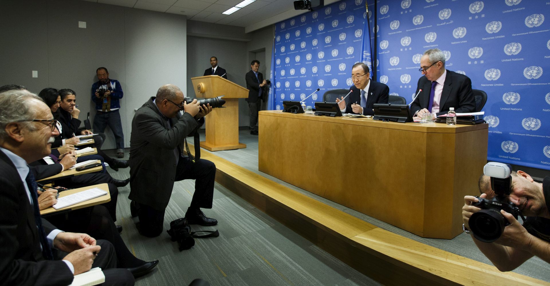 epa05678727 United Nations Secretary-General Ban Ki-moon (3-R) talks  with reporters during his final press conference in office at United Nations headquarters in New York, New York, USA, 16 December 2016. Ban Ki-moon will be succeeded by Secretary-General designate Antonio Guterres at the start of 2017.  EPA/JUSTIN LANE