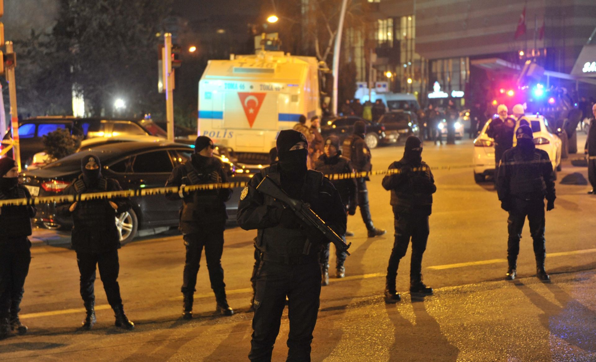 epa05682594 Turkish police secure the area after Russia's ambassador to Turkey, Andrey Karlov has been shot, in Ankara, Turkey. Russia's ambassador to Turkey, Andrey Karlov, has been shot at an art exhibition in the Turkish capital of Ankara. Karlov has died of his wounds after the attack, Russia's Ministry of Foreign Affairs confirmed.  EPA/STR