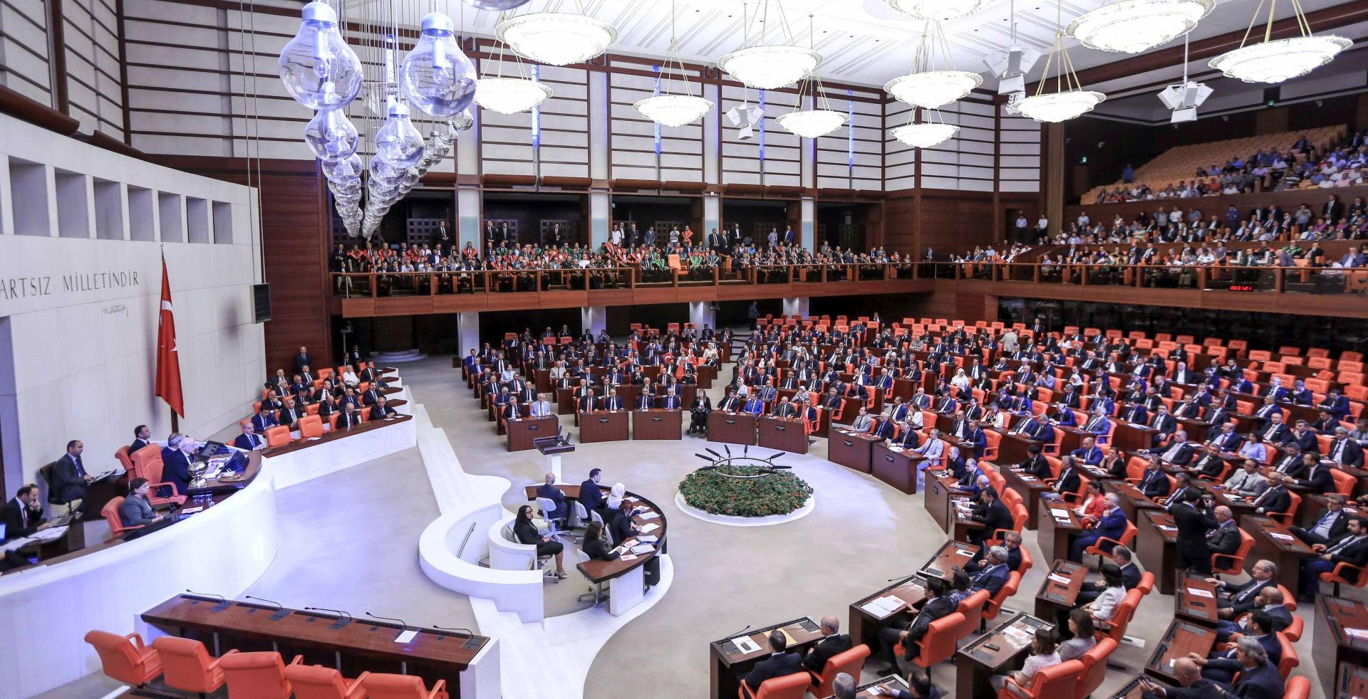 epa05428053 Lawmakers attend an extraordinary assembly at the Turkish Parliament, in Ankara, Turkey, 16 July 2016. Turkish Prime Minister Yildirim reportedly said that the Turkish military was involved in an attempted coup d'etat. The Turkish military meanwhile stated it had taken over control. According to news reports, Turkish President Recep Tayyip Erdogan has denounced the coup attempt as an 'act of treason' and insisted his government remains in charge. Some 104 coup plotters were killed, 90 people - 41 of them police and 47 are civilians - 'fell martrys', after an attempt to bring down the Turkish government, the acting army chief General Umit Dundar said in a televised appearance.  EPA/STR