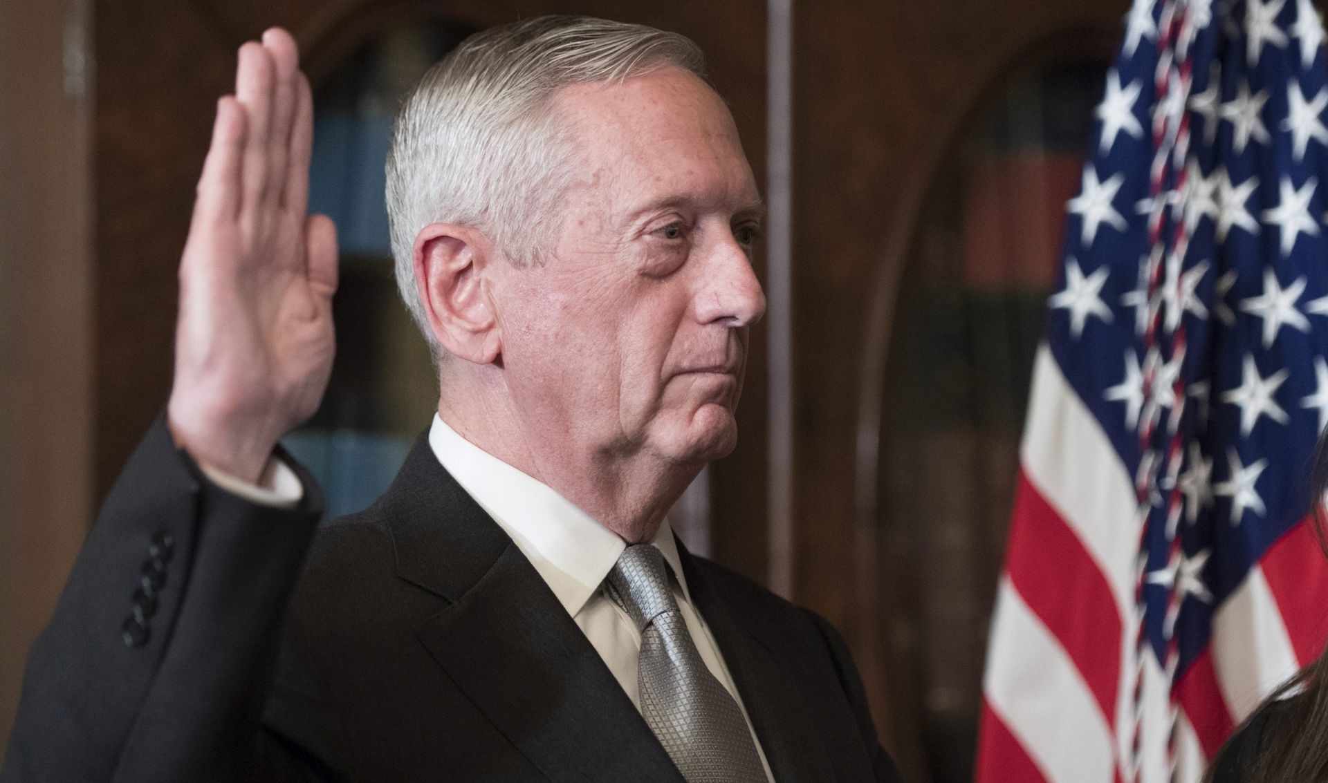 epa05736672 Marine Corps General James Mattis is sworn-in as Defense Secretary by Vice President Mike Pence (not pictured), after Donald J. Trump was sworn in as the 45th President of the United States, in the Vice Presidential ceremonial office in the Executive Office Building in Washington, DC, USA, 20 January 2017. Trump won the 08 November 2016 election to become the next US President.  EPA/KEVIN DIETSCH / POOL