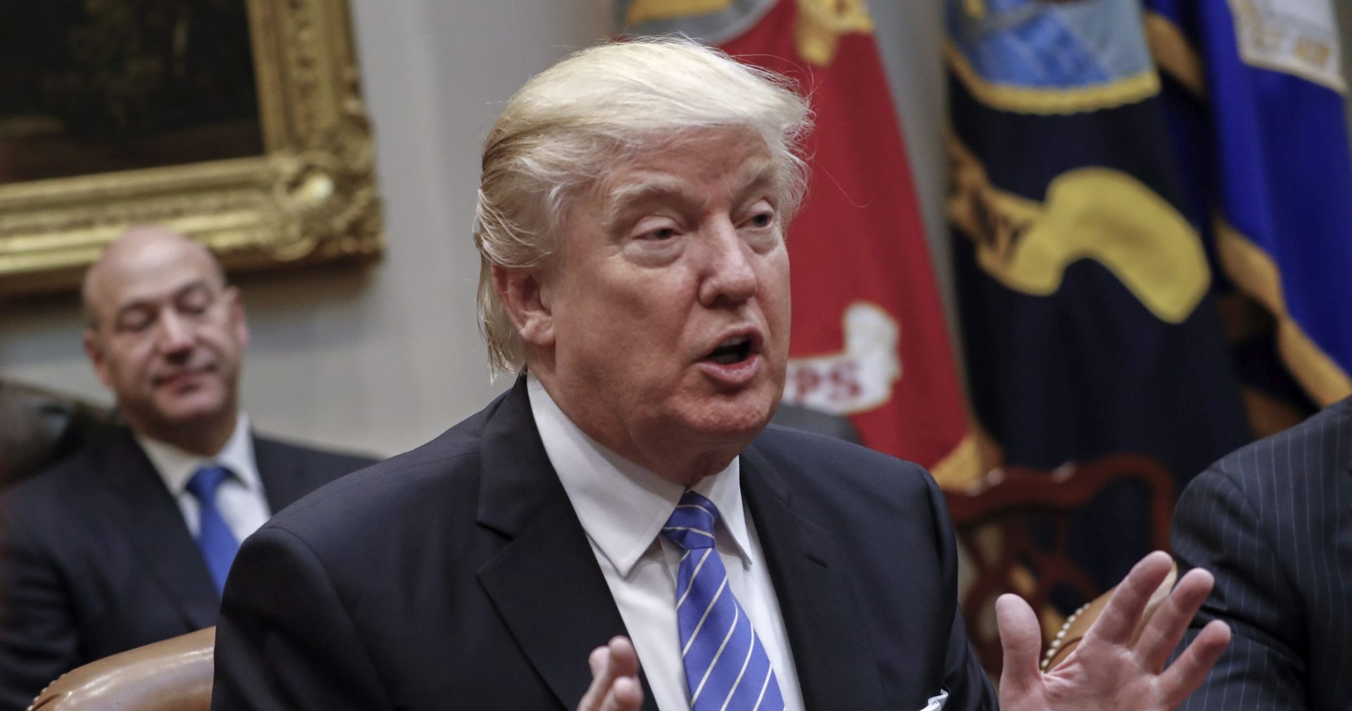 epa05744628 US President Donald J. Trump delivers remarks during a meeting with business leaders in the Roosevelt Room of the White House in Washington, DC, USA, 23 January 2017. President Trump was set for a day of meetings with Business leaders, Union leaders, Congressional leaders and meeting with Speaker of the House, Paul Ryan later this afternoon.  EPA/SHAWN THEW