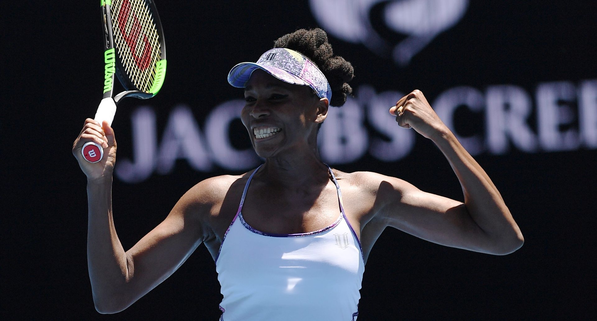 epa05745185 Venus Williams of the USA celebrates her win over Anastasia Pavlyuchenkova of Russia during the Women's Singles quarterfinal match at the Australian Open Grand Slam tennis tournament in Melbourne, Victoria, Australia, 24 January 2017.  EPA/JULIAN SMITH  AUSTRALIA AND NEW ZEALAND OUT