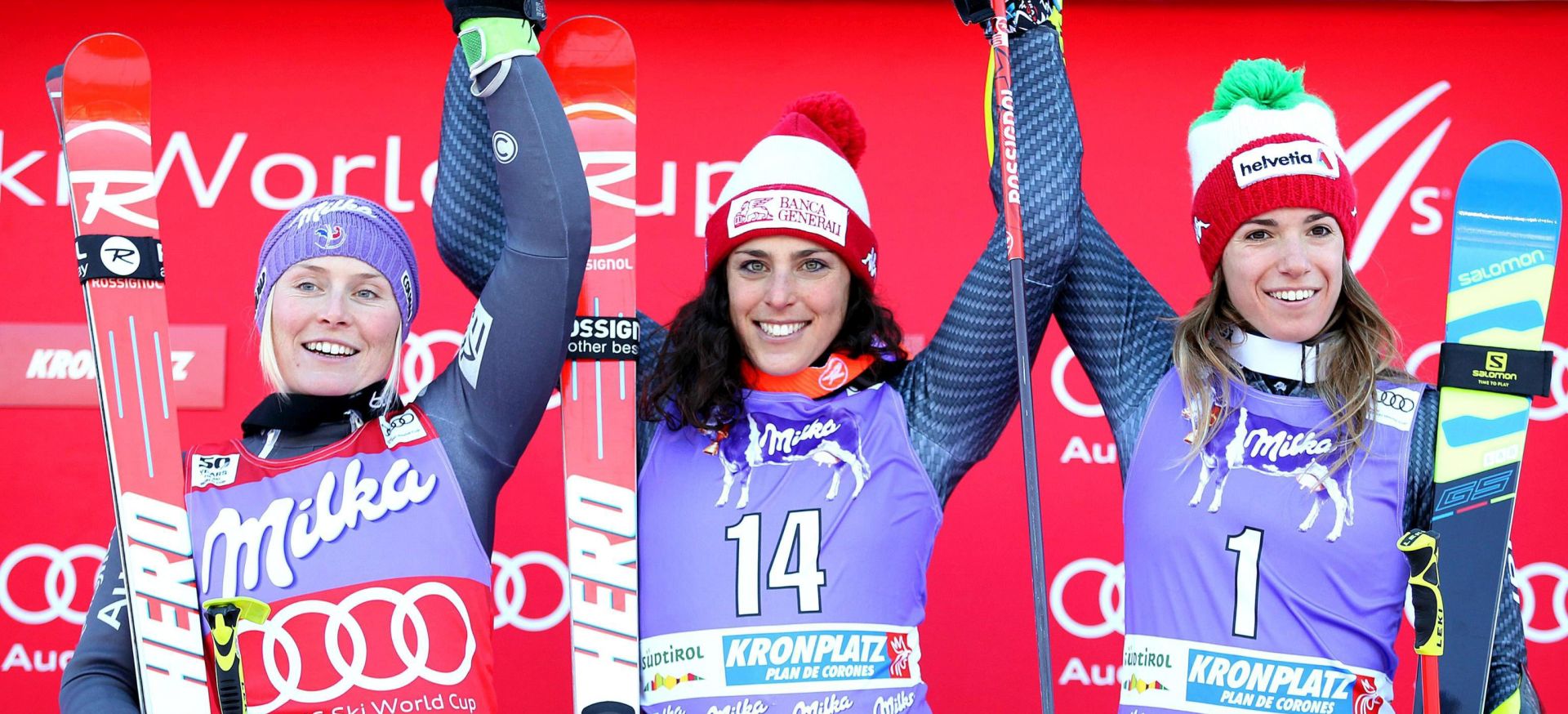 epa05746763 Federica Brignone (C) of Italy celebrates on the podium after winning the women's Giant Slalom race of FIS Alpine Skiing World Cup event in Kronplatz, Italy, 24 January 2017. Brignone won ahead of second placed Tessa Worley (L) of France and third placed Marta Bassino (R) of Italy.  EPA/ANDREA SOLERO