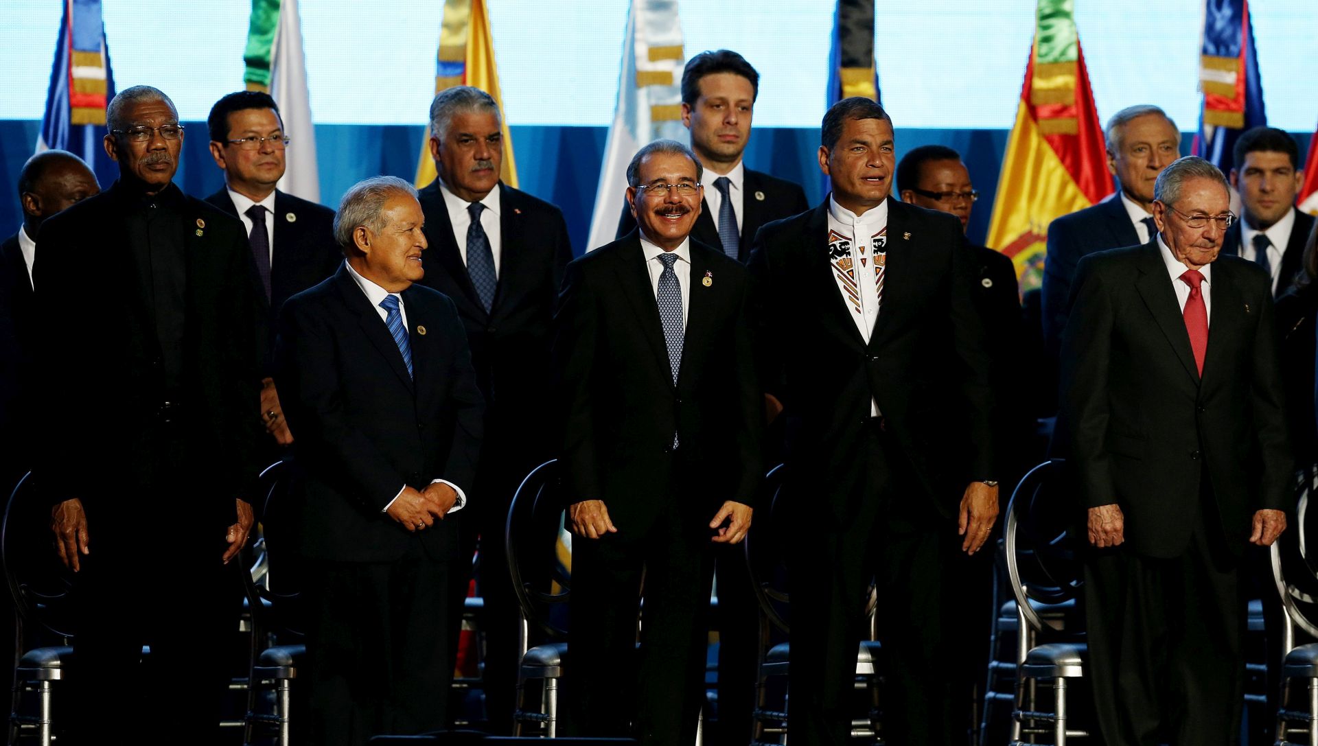 epa05748294 The President of Guyana, David Granger (L); the president of El Salvador, Salvador Sanchez (3-L); the president of the Dominican Republic, Danilo Medina (C); the president of Ecuador, Rafael Correa (C-R) and the president of Cuba, Raul Castro (R), attend the inauguration the inauguration of the 5th Summit of the Community of Latin American and Caribbean States (CELAC), held in the Barcelo Convention Center in Bavaro, Dominican Republic, 24 January 2017. The CELAC Summit was inaugurated with a minute of silence in the memory of the leader of the Cuban revolution, Fidel Castro, who died last November.  EPA/ORLANDO BARRIA