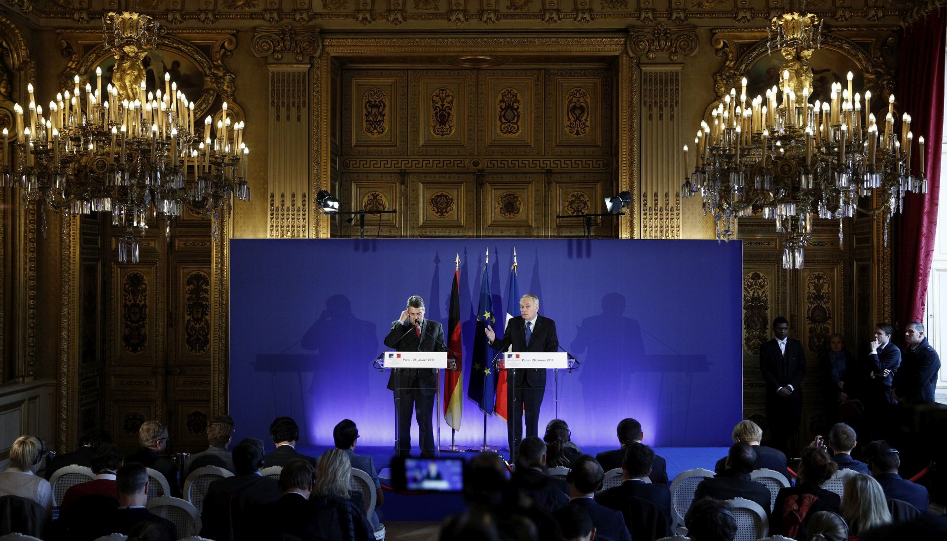 epa05756442 French Minister for Foreign Affairs Jean-Marc Ayrault (R) and Germany's new Foreign Minister Sigmar Gabriel (L) hold a joint news conference following their meeting at Quai d'Orsay, in Paris, France, 28 January 2017. It was Gabriel's first visit as German Foreign Minister after German President Joachim Gauck on 27 January had signed the certificates of discharging Gabriel from the Ministry of Economy and his predecessor Frank-Walter Steinmeier from the Ministry of Foreign Affairs.  EPA/YOAN VALAT