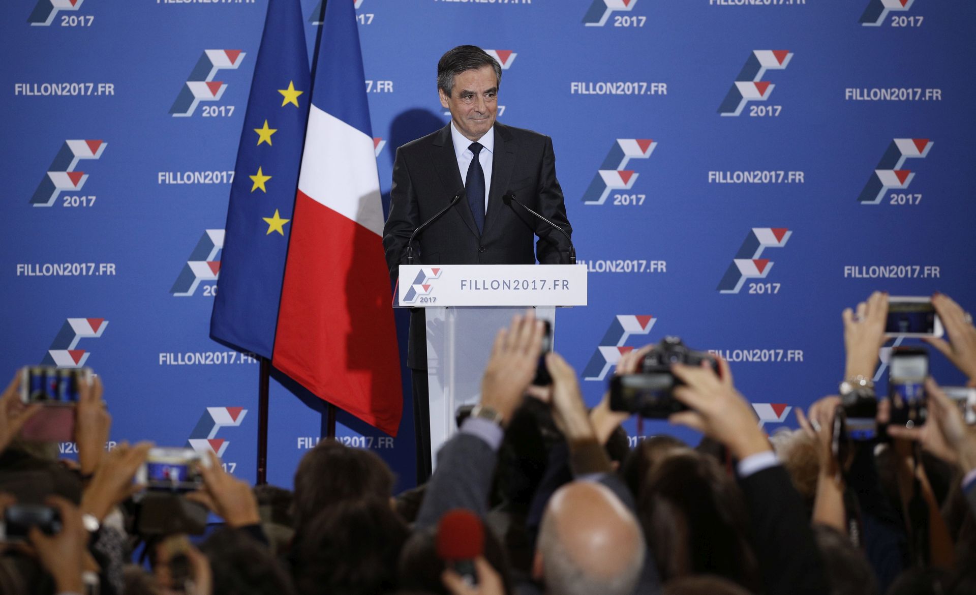 epa05650193 French former Prime Minister Francois Fillon as he delivers a victory speech after winning the second round of the French centre-right wing primaries in Paris, France, 27 November 2016. Fillon has been chosen to represent the Republican (LR) party at the 2017 presidential elections on 23 April and 07 May 2017, after first reports gives him the victory.  EPA/YOAN VALAT