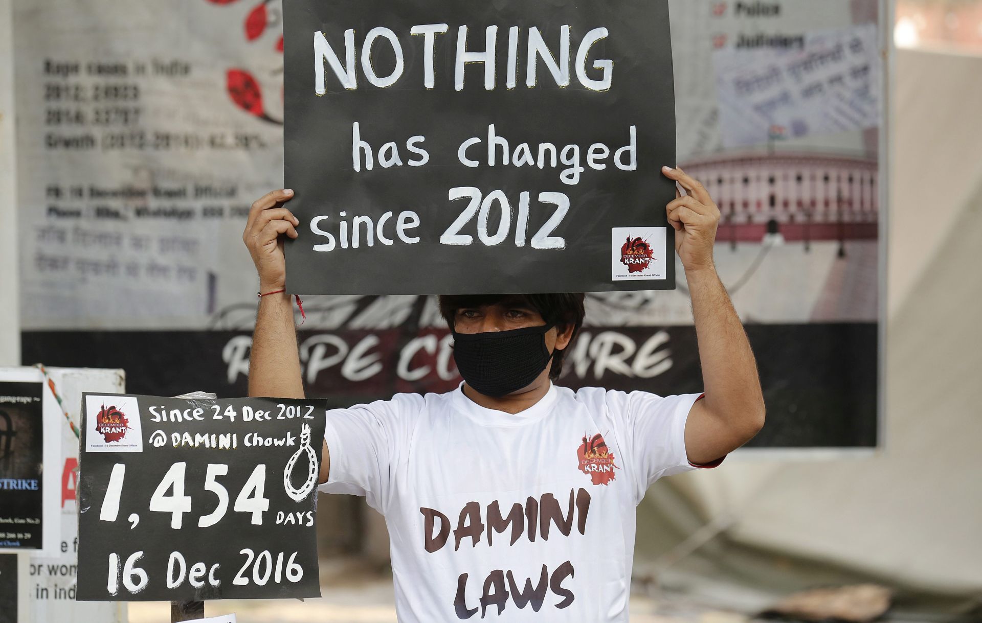 epa05678228 An Indian activist holds placards as he takes part in a protest to mark fourth anniversary of the Delhi gang rape crime, at Jantar Mantar in New Delhi, India, 16 December 2016. The protest marks the fourth year since the fatal gang rape of a 23-year-old student on a moving bus, which provoked widespread outrage and led to stricter laws against sexual assault.  EPA/RAJAT GUPTA