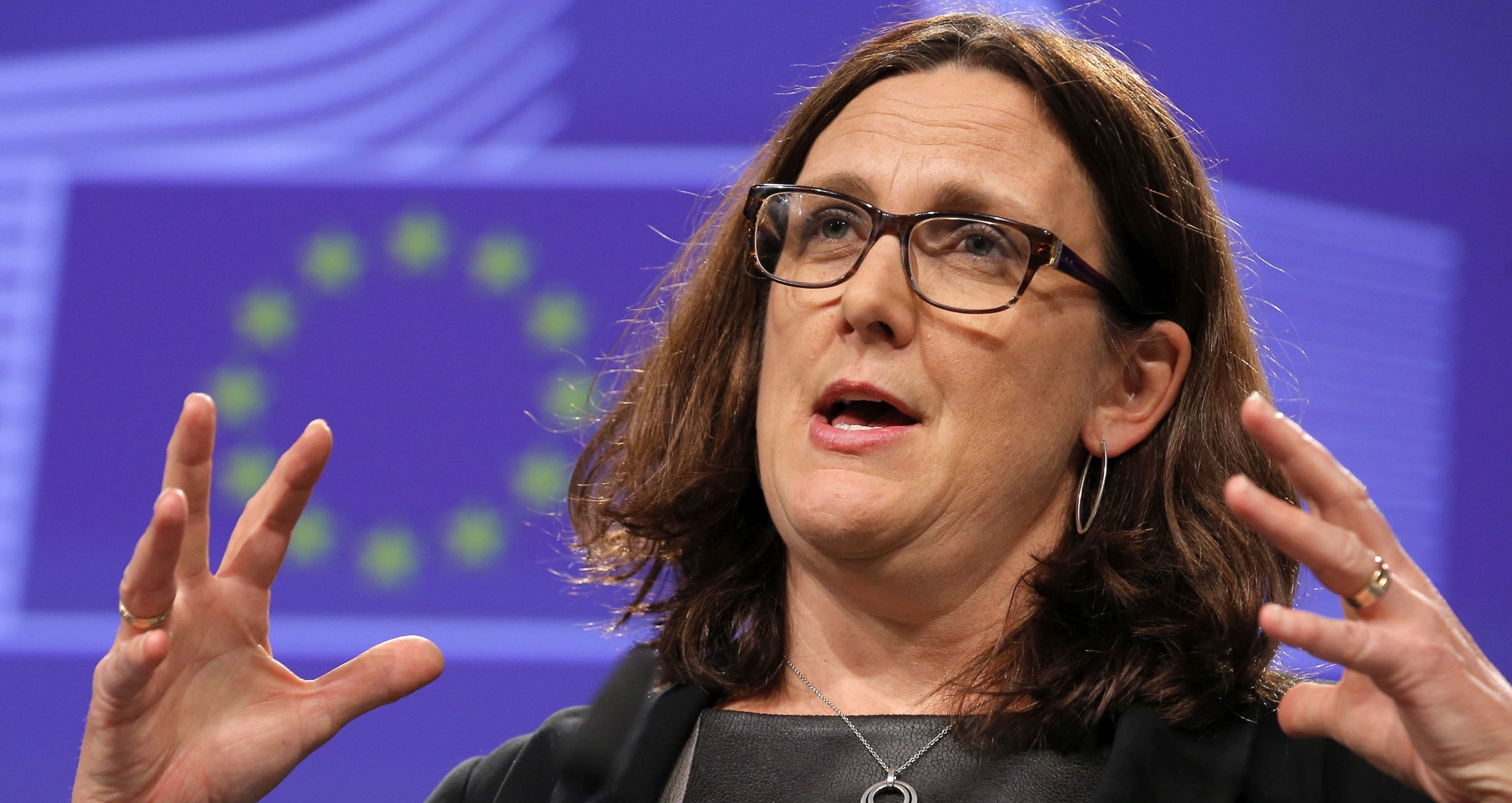 epa05624160 European Commissioner for Trade Cecilia Malmstrom, in charge of the Transatlantic Trade and Investment Partnership (TTIP) trade agreement between USA and EU, attends a news conference following a weekly EU Commission college meeting in Brussels, Belgium, 09 November 2016. US businessman Republican Donald Trump has won the US presidential election. Americans voted on Election Day to choose the 45th President of the United States of America to serve from 2017 through 2020.  EPA/OLIVIER HOSLET
