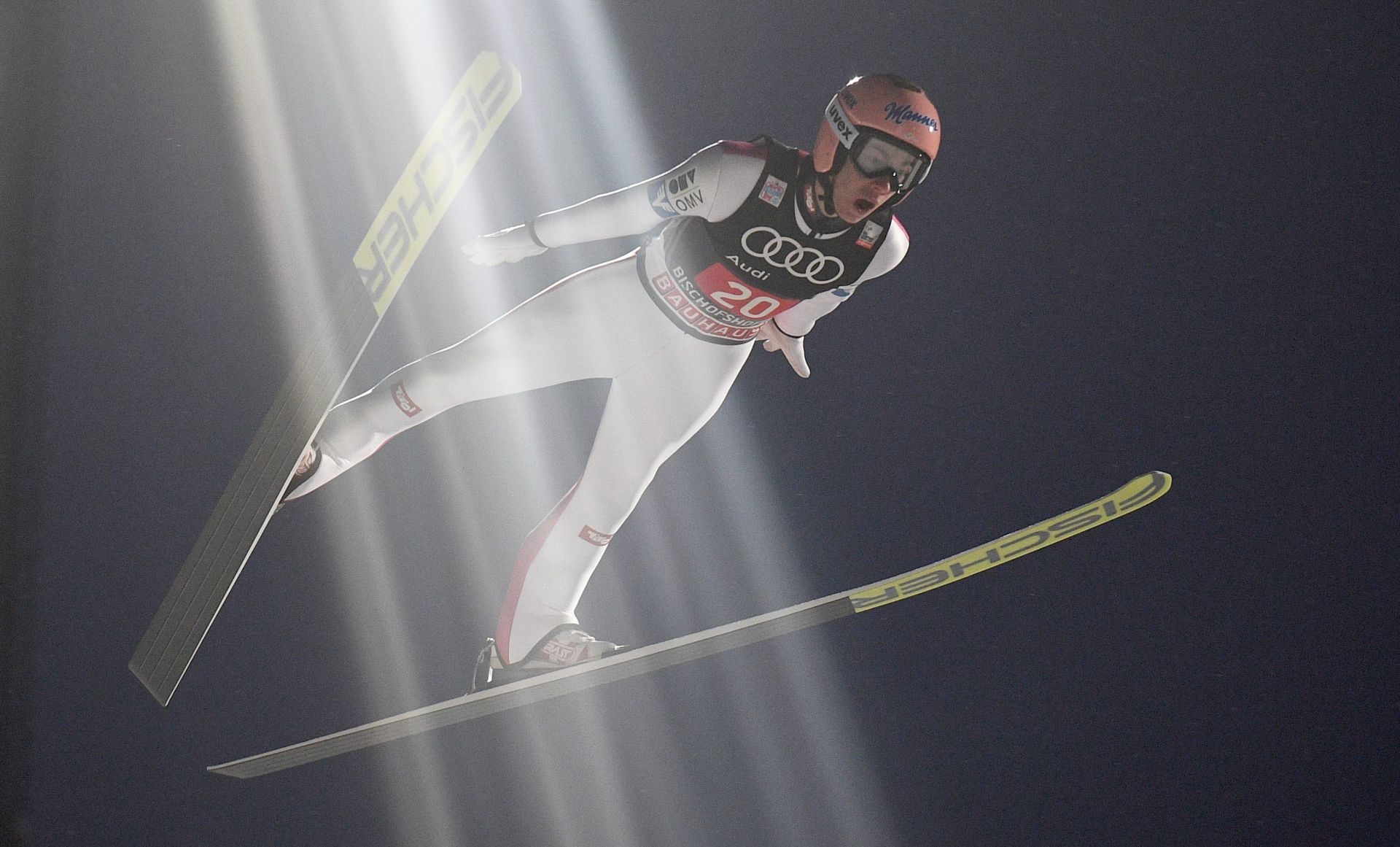 epa05701725 Stefan Kraft of Austria is airborne during the fourth stage of the 65th Four Hills Ski Jumping Tournament on the Paul Ausserleitner Hill in Bischofshofen, Austria, 06 January 2017.  EPA/CHRISTIAN BRUNA