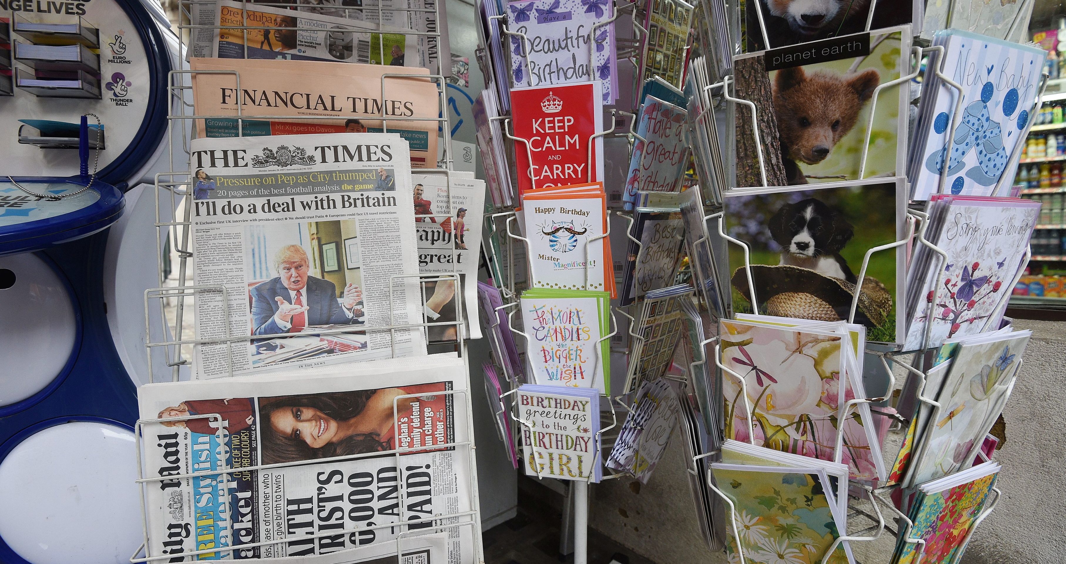 epa05721841 A copy of the Times newspaper with their interview with newly elected US President, Donald Trump is seen in a news stand in central London, Britain 16 January 2017. In a rare move, Trump has given two European newspapers an interview on 13 January 2017. Speaking to the British 'Times' and German tabloid 'BILD' at the Trump Tower in New York, he stressed that NATO had problems. 'It's obsolete', Trump said.  EPA/FACUNDO ARRIZABALAGA