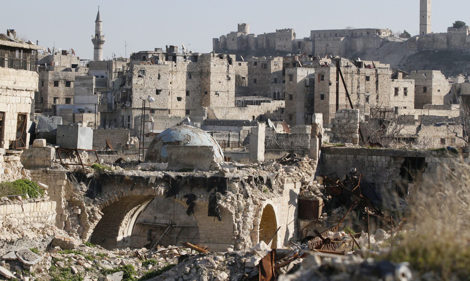epa05767485 A view of damaged parts of Al-Hatab Square in the old quarter of Aleppo, northern Syria, 02 February 2017. The Syrian army recaptured last month the eastern neighborhoods of Aleppo that were held by gunmen for more than four years.  EPA/YOUSSEF BADAWI