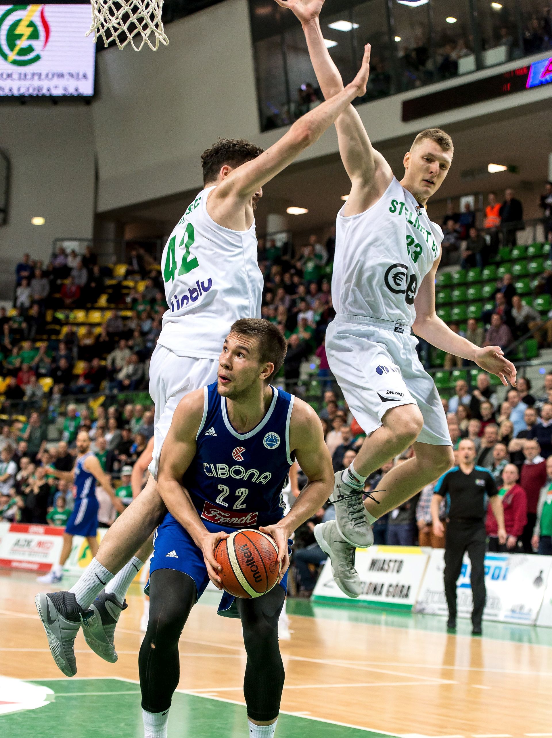 epa05778760 Namanja Djurisic (L) and Karol Gruszecki (P) of Stelmet BC Zielona Gora and Emir Sulejmanovic (C) of Cibona Zagreb in action during their FIBA Europe Cup round of 16 basketball match in Zielona Gora, Poland, 08 February 2017.  EPA/Maciej Kulczynski POLAND OUT