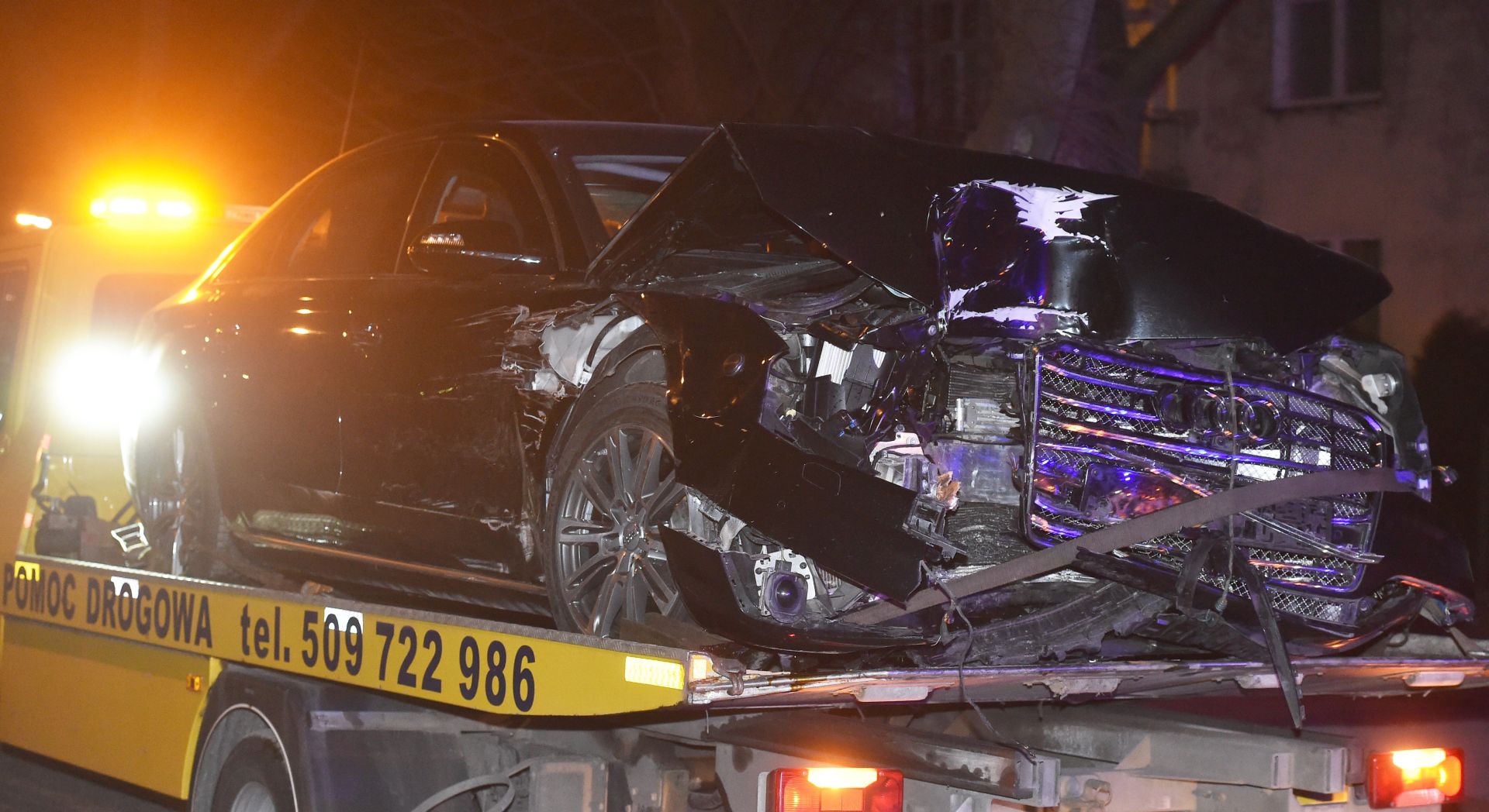 epa05784190 A view of the wreck of a vehicle on a tow truck after a car accident in Oswiecim, Poland, late 10 February 2017. Polish Prime Minister Beata Szydlo, 53, travelling in a government convoy, was involved in a car accident in Oswiecim, Malopolska region, southeastern Poland. According to a government spokesperson, she was not seriously injured and was flown to Warsaw for checks.  EPA/JACEK BEDNARCZYK POLAND OUT