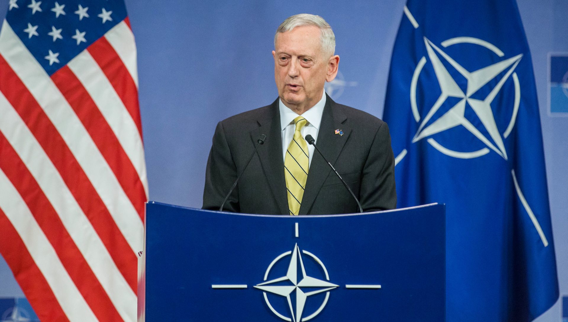 epa05796835 US Defence Minister James Mattis speaks during a news conference at the end of the second day of the NATO Defense Ministers Council meeting at the alliance's headquarters in Brussels, Belgium, 16 February 2017. The defense ministers of the North Atlantic Treaty Organization (NATO) had gathered in Brussels for a two-days meeting.  EPA/STEPHANIE LECOCQ
